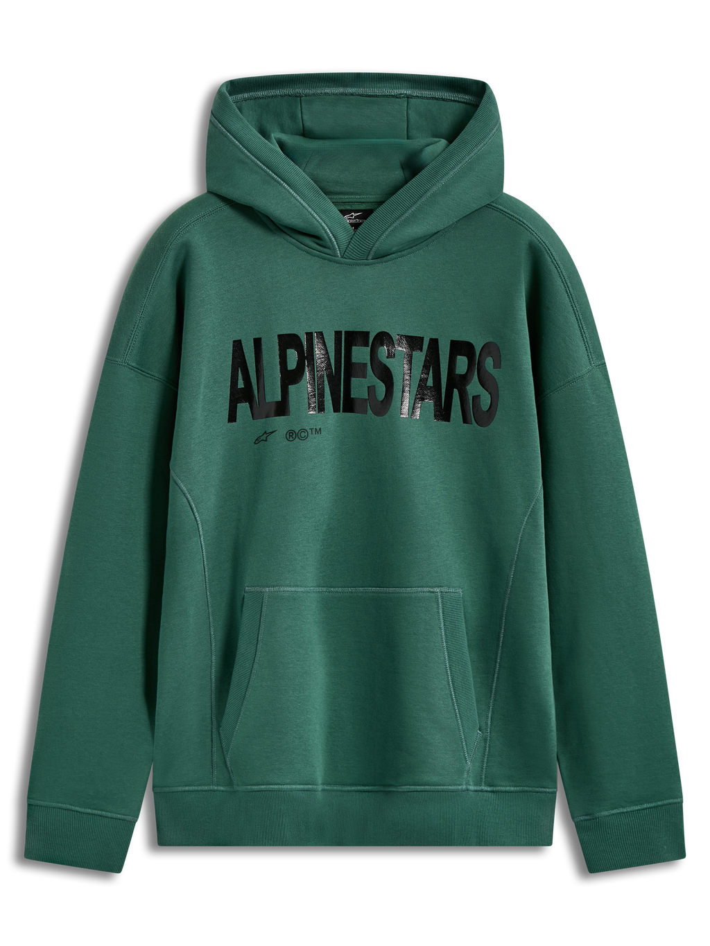 Alpinestars Shaw Oversized Hoodie, hoodie de fleece verde, logótipo preto texturizado, bolso canguru, ajuste oversized