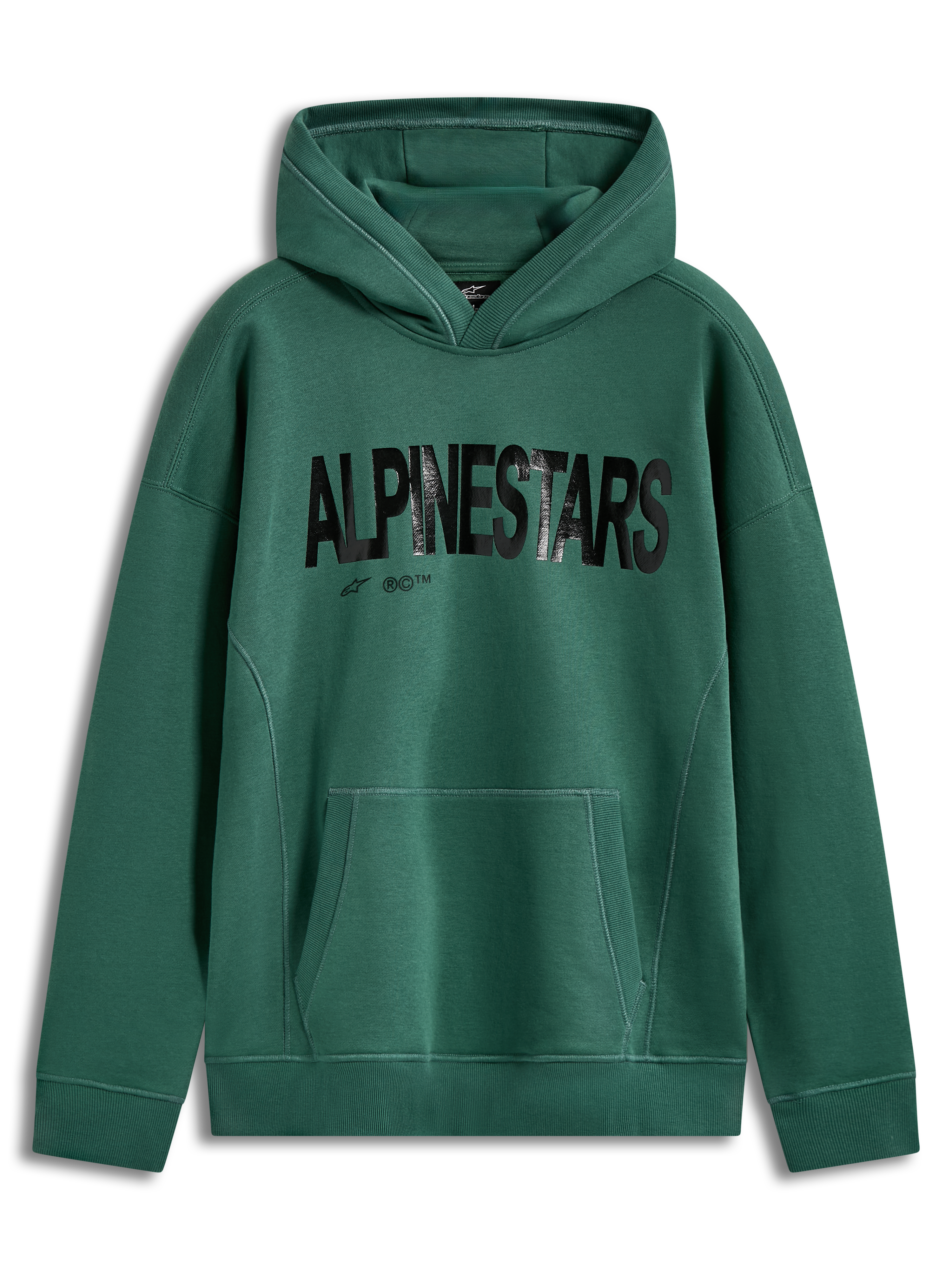 Alpinestars Shaw Oversized Hoodie, hoodie de fleece verde, logótipo preto texturizado, bolso canguru, ajuste oversized