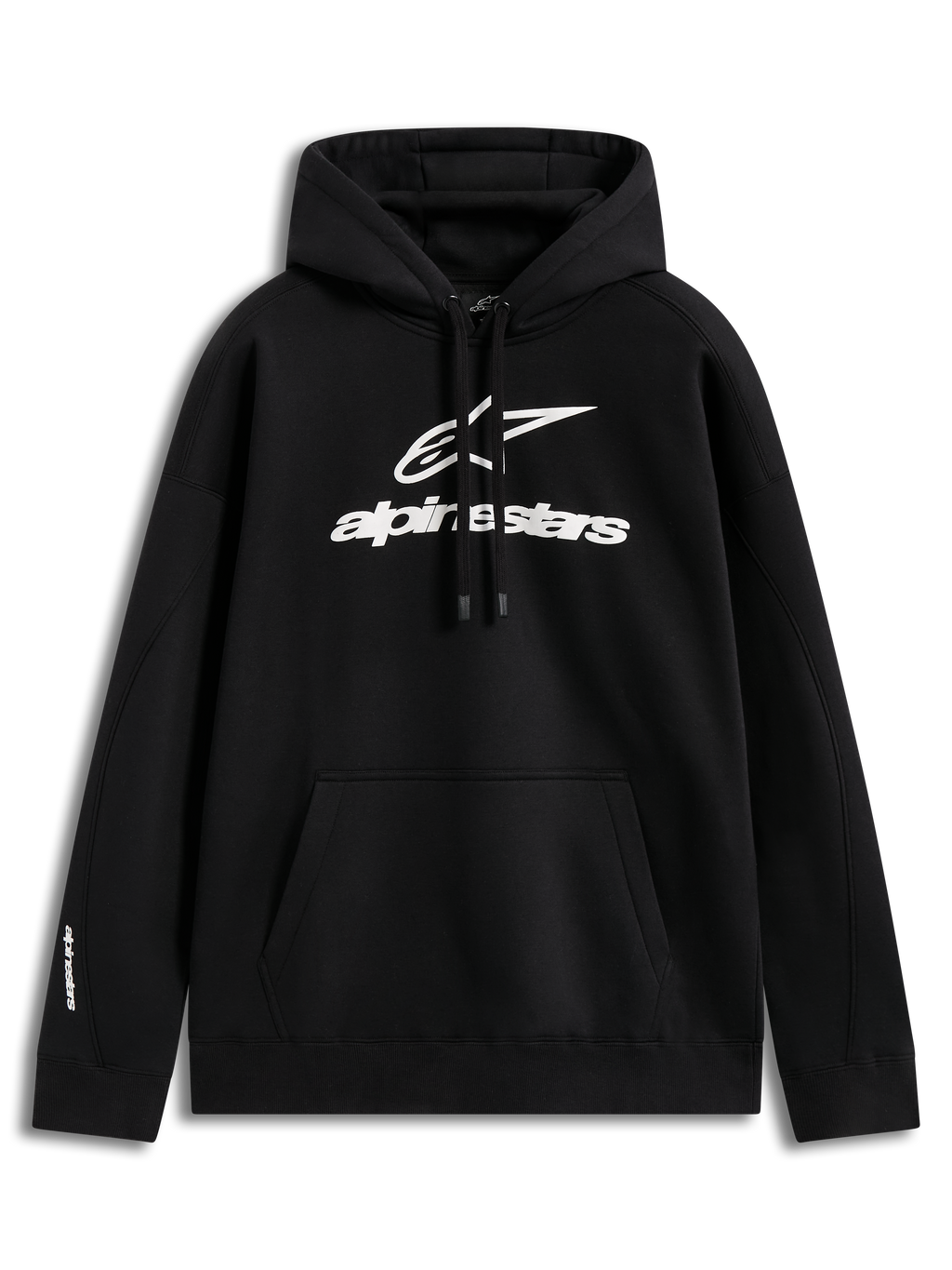 Alpinestars Prelude Oversized Hoodie, hoodie de fleece preto para sportswear com logótipo em relevo branco e bolso canguru.