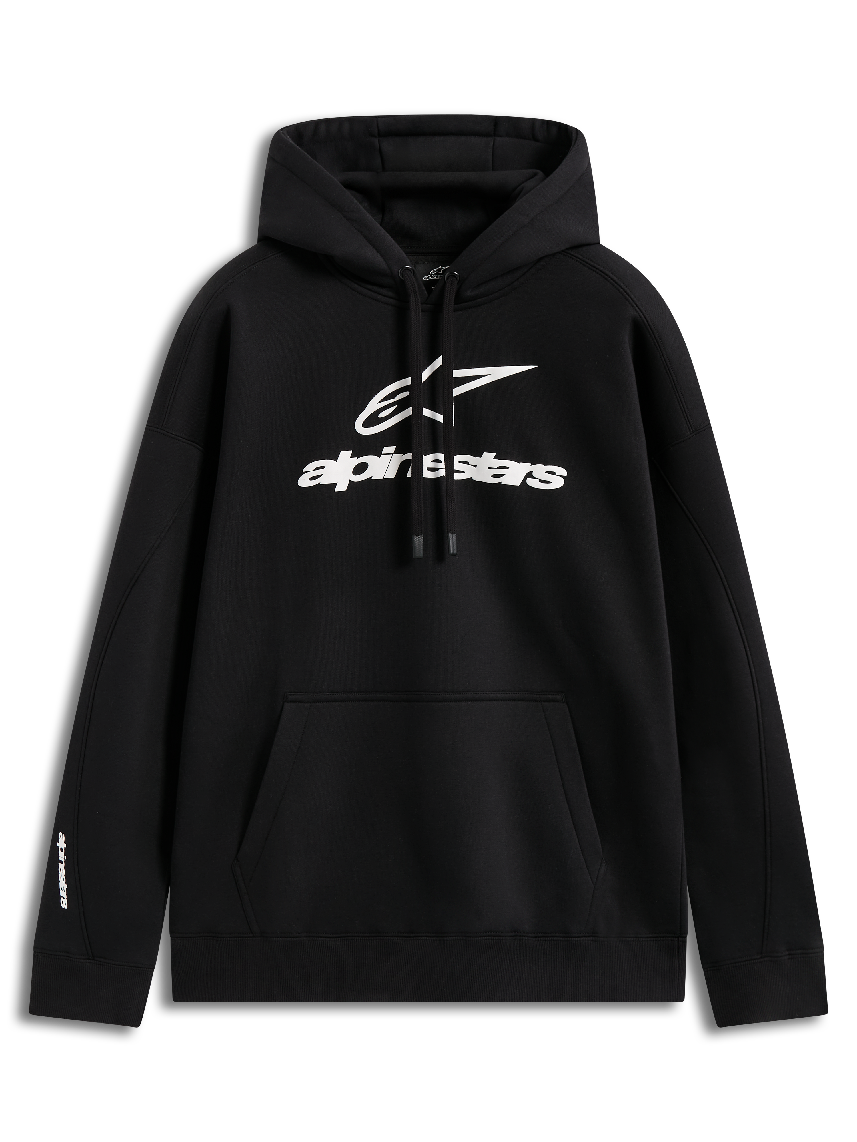 Alpinestars Prelude Oversized Hoodie, hoodie de fleece preto para sportswear com logótipo em relevo branco e bolso canguru.