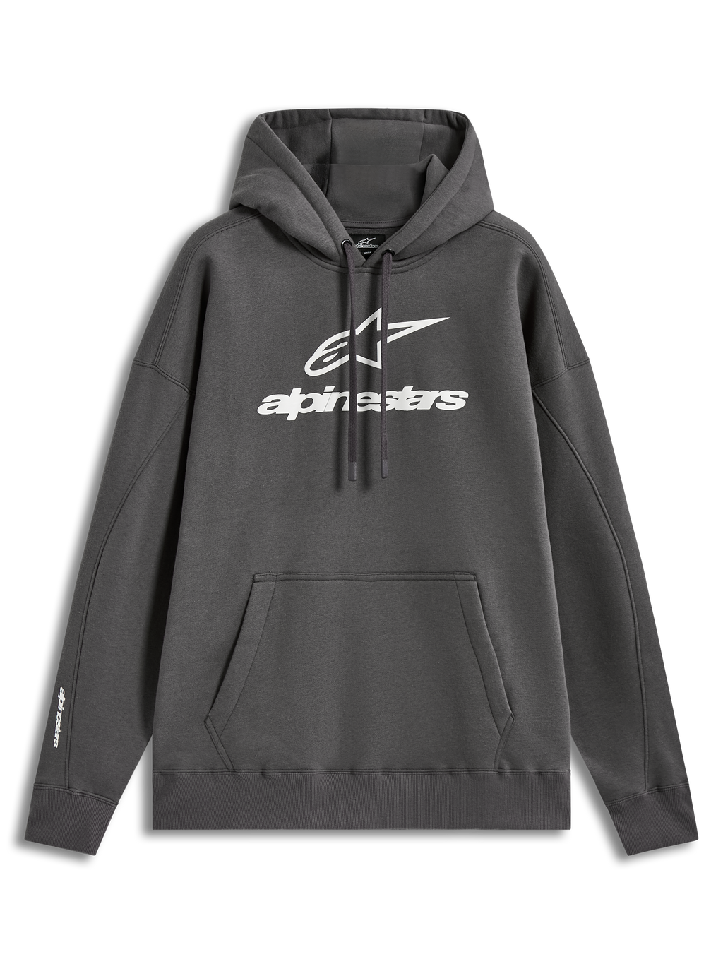 Alpinestars Prelude Oversized Hoodie, hoodie de fleece cinzento, logótipo frontal em relevo branco, bolso canguru, design casual de sportswear
