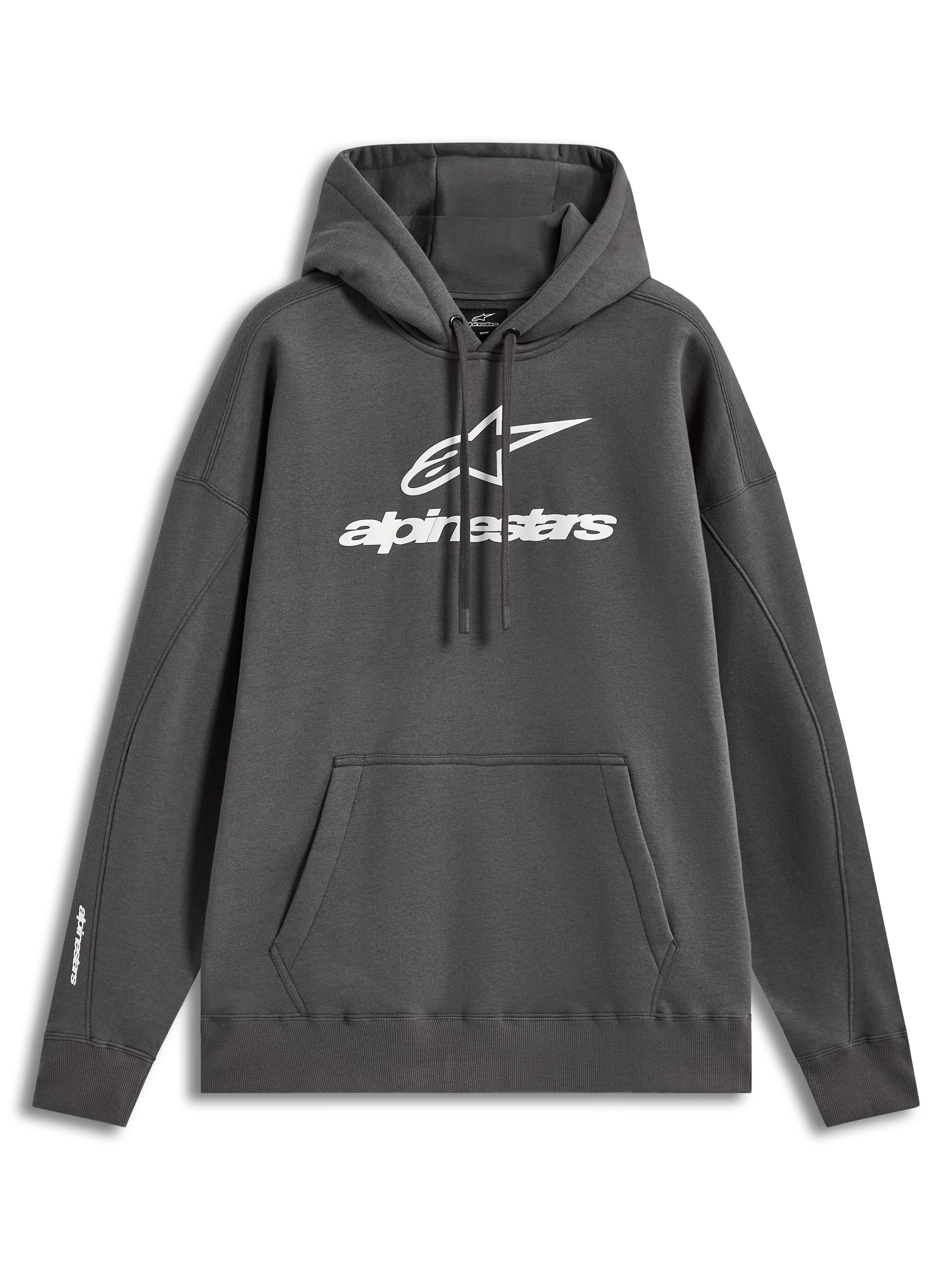 Alpinestars Prelude Oversized Hoodie, hoodie de fleece cinzento, logótipo frontal em relevo branco, bolso canguru, design casual de sportswear