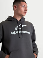 Alpinestars Prelude Oversized Hoodie, camisola com capuz unissexo em fleece para sportswear, cinzento-escuro com logótipo branco em relevo, ajuste oversized com bolso canguru e capuz com cordão.