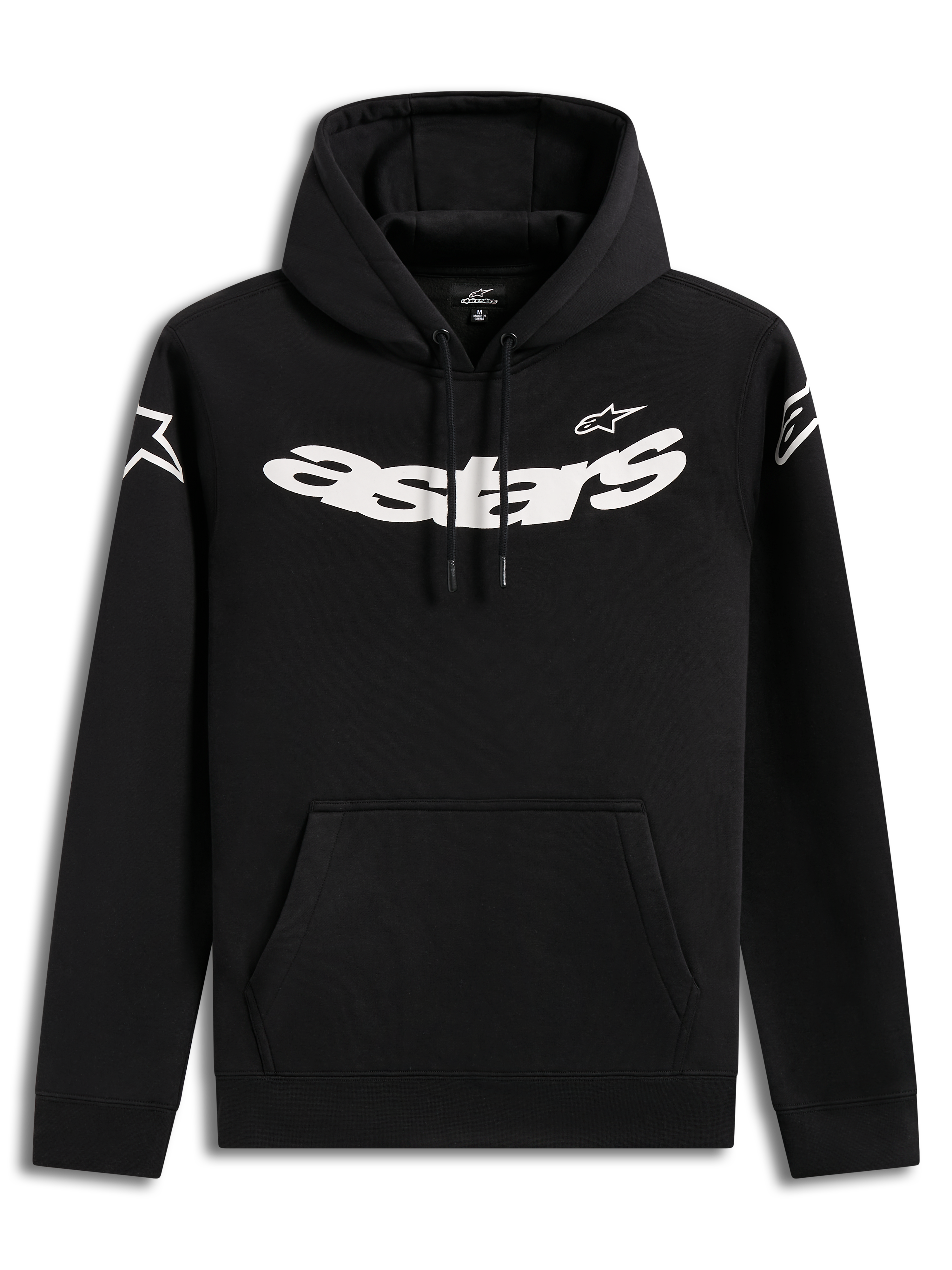 Alpinestars Velocifier Hoodie, hoodie casual preto com gráficos brancos no peito e bolso frontal, estilo lifestyle