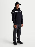 Alpinestars Camisola com capuz Velocifier, hoodie de sportswear para homem, preta e branca, logótipo Astars curvo no peito e logótipos nos ombros, estilo casual motorsport, construção em fleece de mistura de algodão premium