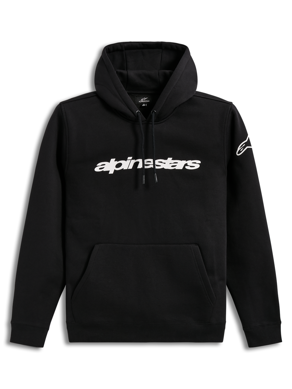 Alpinestars Race Wordmark Hoodie, camisola com capuz preta e branca com logótipo linear no peito e logótipo na manga.