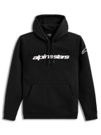 Alpinestars Race Wordmark Hoodie, camisola com capuz preta e branca com logótipo linear no peito e logótipo na manga.