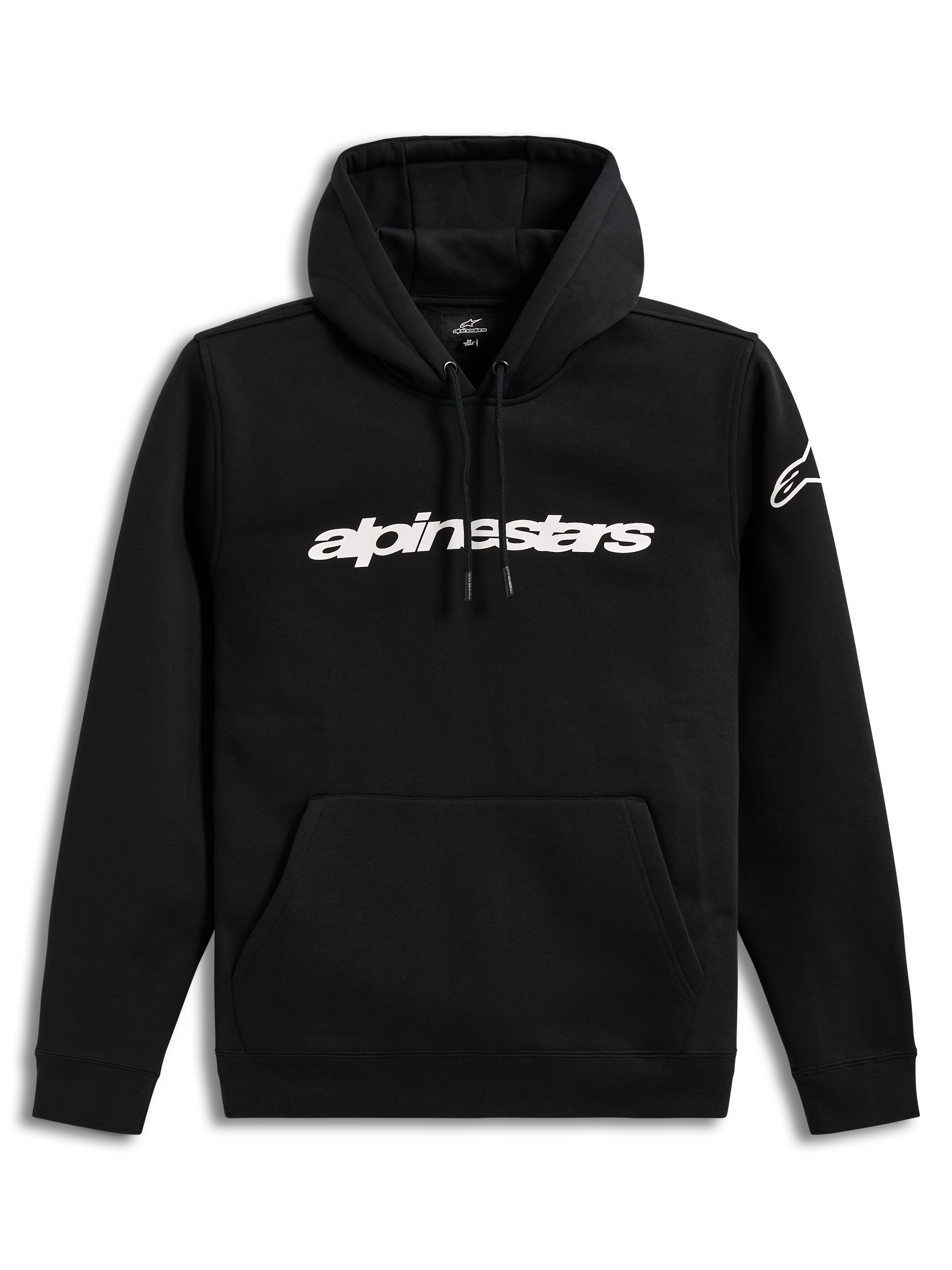 Alpinestars Race Wordmark Hoodie, camisola com capuz preta e branca com logótipo linear no peito e logótipo na manga.