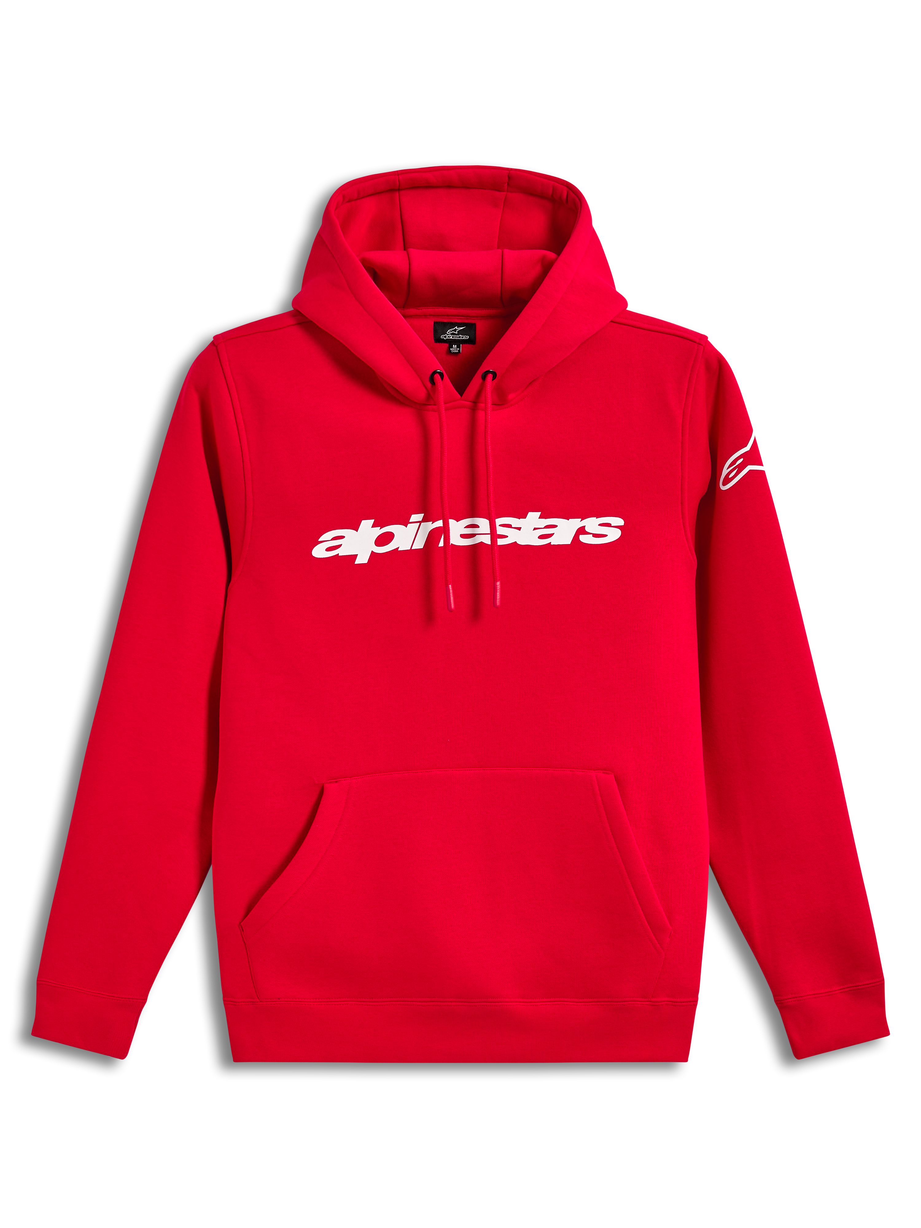 Alpinestars Race Wordmark Hoodie, camisola com capuz vermelha, logótipo linear branco no peito e bolso frontal em fleece.