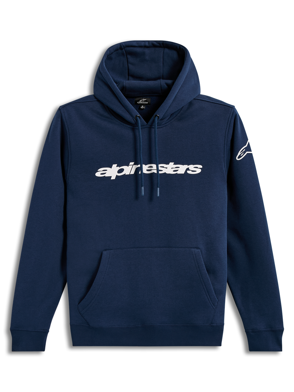 Alpinestars Race Wordmark Hoodie, camisola com capuz azul-marinho e branco, logótipo linear frontal, estilo casual