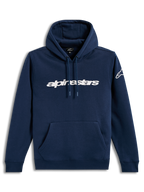 Alpinestars Race Wordmark Hoodie, camisola com capuz azul-marinho e branco, logótipo linear frontal, estilo casual