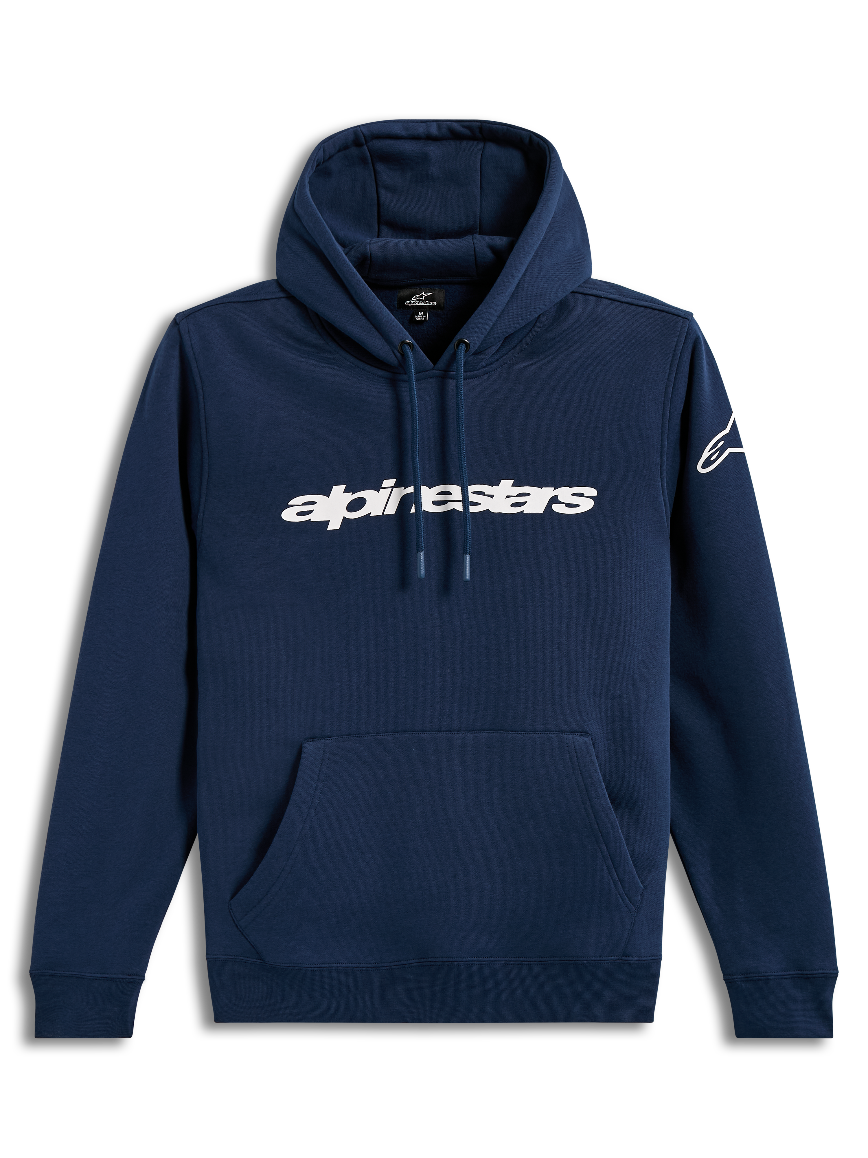 Alpinestars Race Wordmark Hoodie, camisola com capuz azul-marinho e branco, logótipo linear frontal, estilo casual
