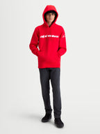 Alpinestars Camisola Com Capuz Race Wordmark, camisola de homem em fleece para sportswear, vermelha e branca, com logótipo wordmark linear no peito e logótipo Ageless na manga, capuz forrado com cordão, 80% algodão e 20% poliéster reciclado, vestuário casual inspirado no motorsport.