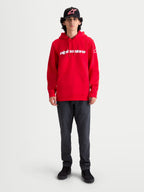 Alpinestars Camisola Com Capuz Race Wordmark, camisola de estilo sportswear em fleece vermelho com logótipo Alpinestars branco, capuz ajustável com cordão e bolso canguru, vestida por um modelo para um visual casual de inspiração motorsport.