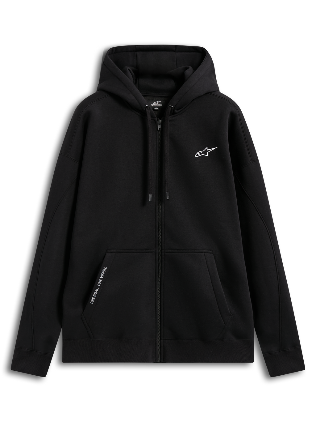 Alpinestars camisola com capuz Pioneer Oversized, hoodie de sportswear preto com fecho unissexo, corte relaxado, fecho Vislon, bolso canguru com bordado 'ONE GOAL. ONE VISION.', logótipo no peito, algodão e poliéster reciclado.