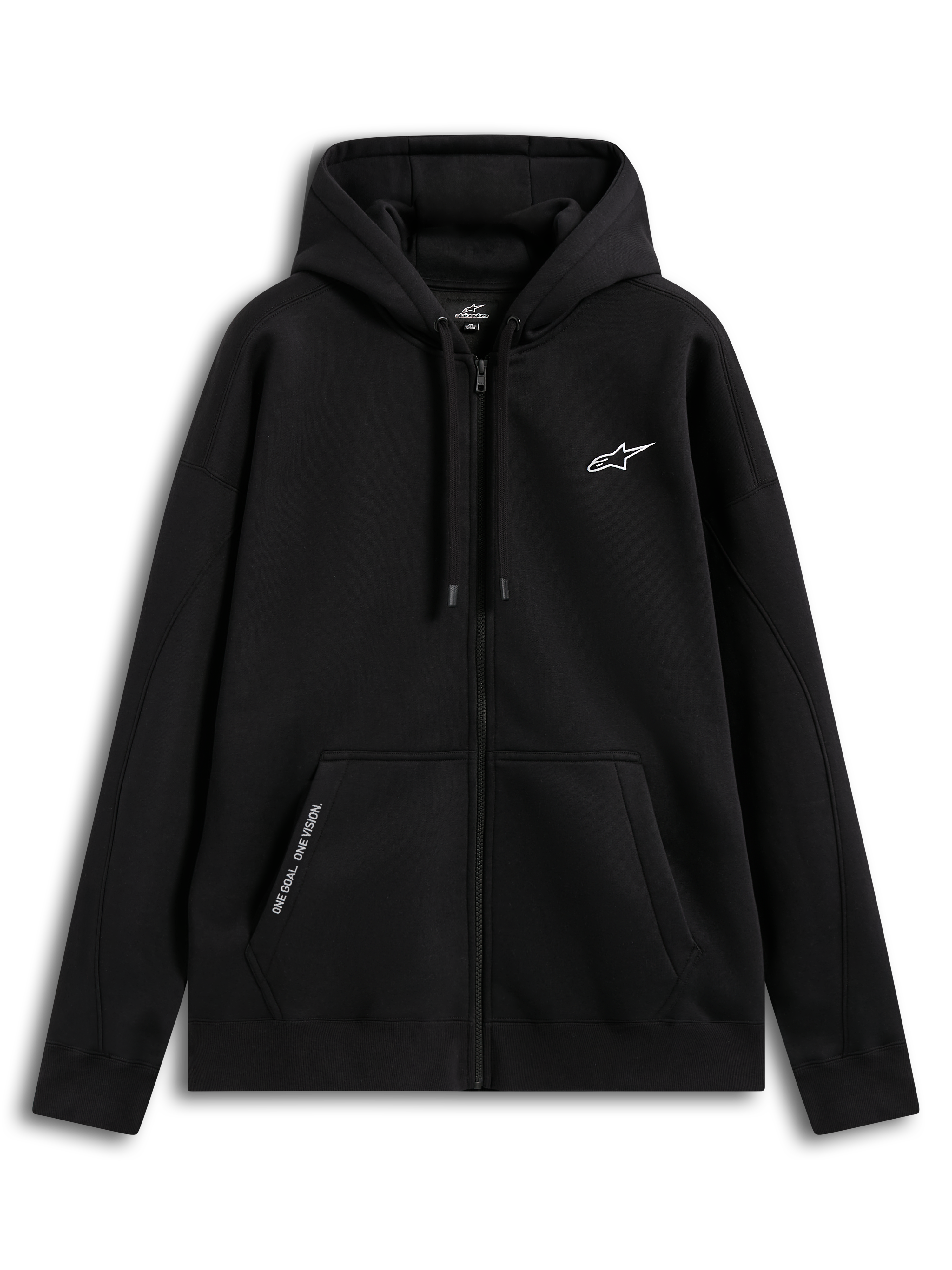Alpinestars camisola com capuz Pioneer Oversized, hoodie de sportswear preto com fecho unissexo, corte relaxado, fecho Vislon, bolso canguru com bordado 'ONE GOAL. ONE VISION.', logótipo no peito, algodão e poliéster reciclado.