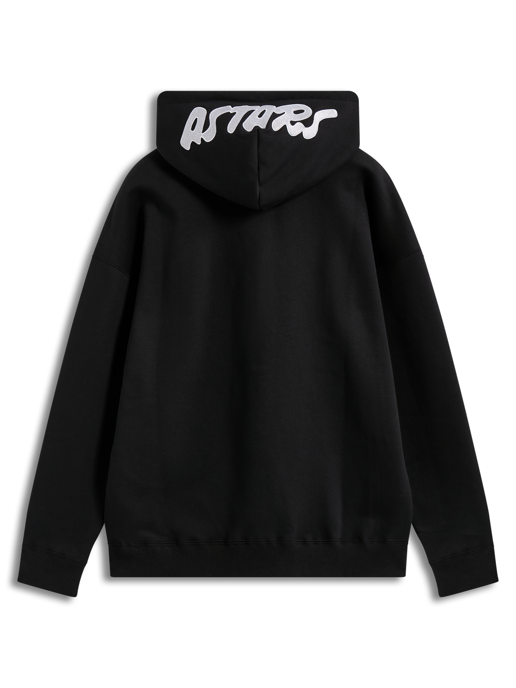Alpinestars Pioneer Oversized Hoodie, hoodie em fleece preto, vista traseira com logótipo Astars bordado a branco no capuz