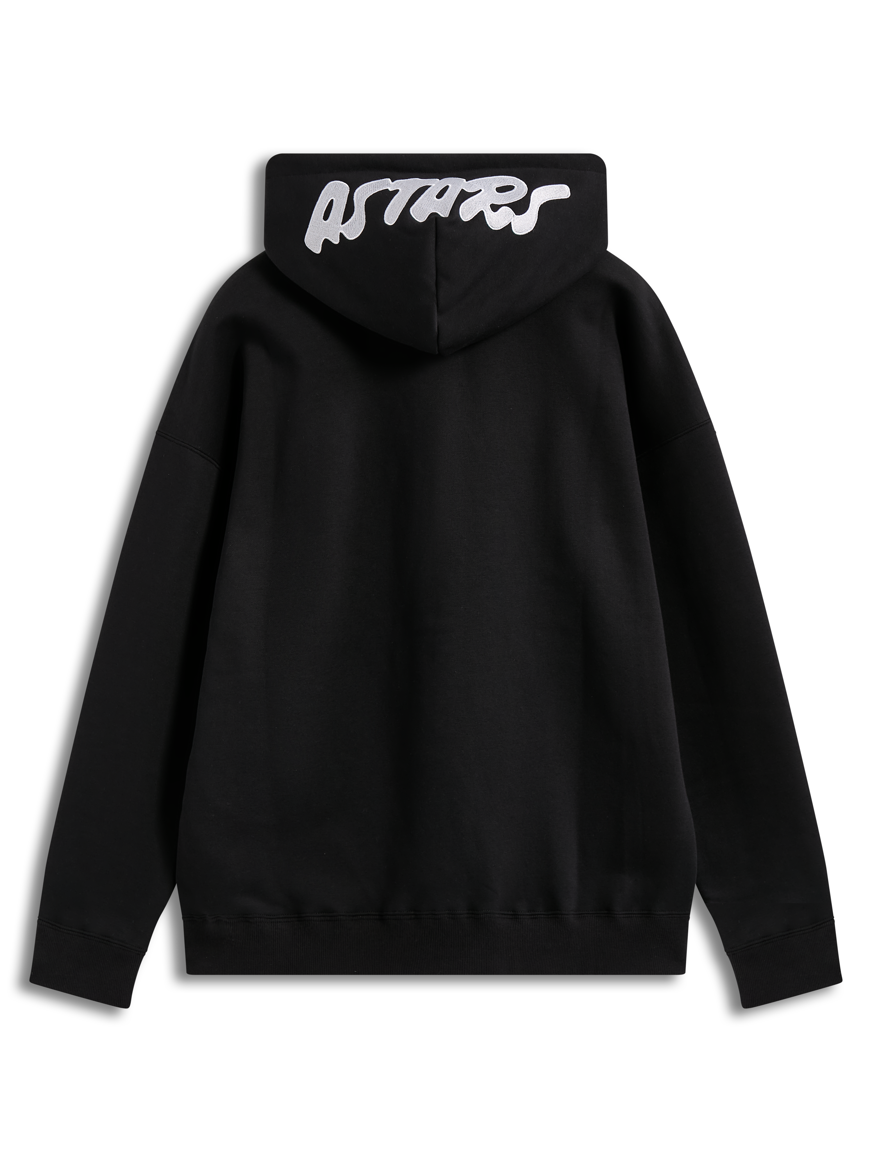 Alpinestars Pioneer Oversized Hoodie, hoodie em fleece preto, vista traseira com logótipo Astars bordado a branco no capuz