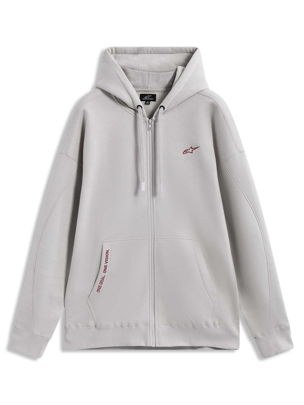 Alpinestars Pioneer Oversized Hoodie, hoodie de fleece cinzento com fecho, logótipo vermelho e bolso canguru, sportswear.