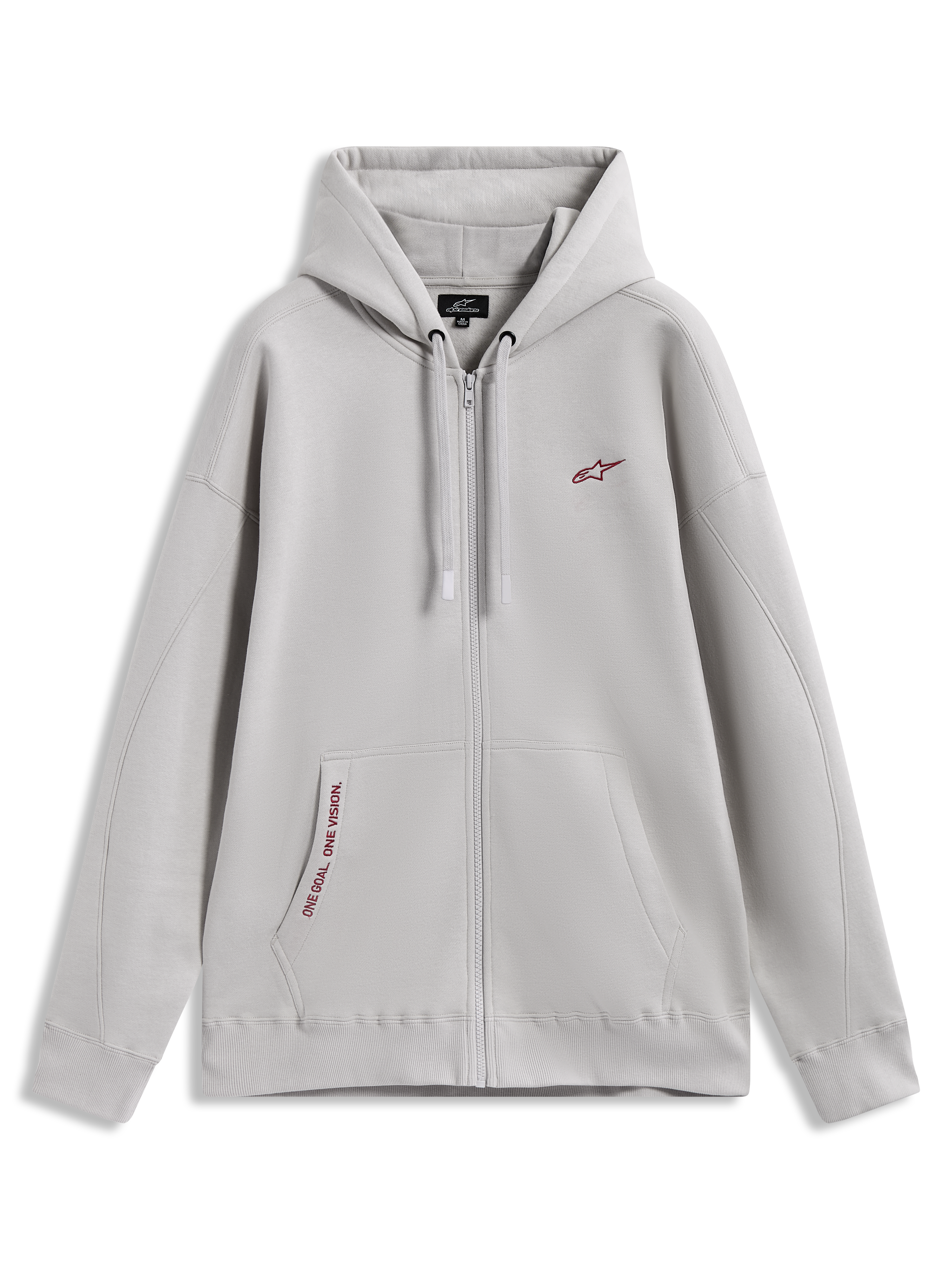 Alpinestars Pioneer Oversized Hoodie, hoodie de fleece cinzento com fecho, logótipo vermelho e bolso canguru, sportswear.