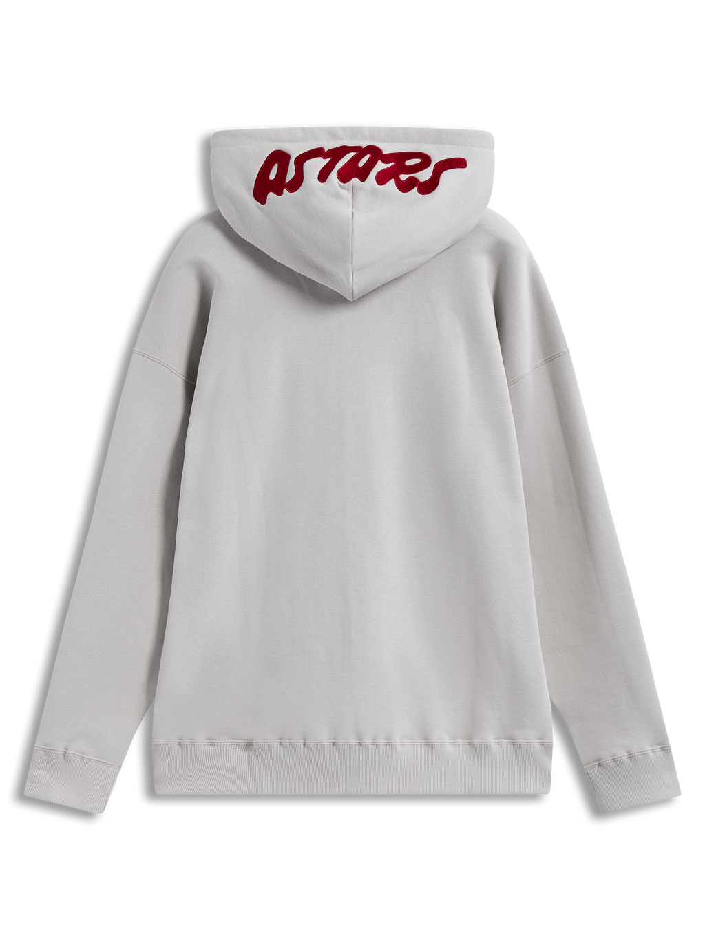 Alpinestars Pioneer Oversized Hoodie, fleece em areia com logótipo Astars vermelho bordado no capuz, vista traseira.