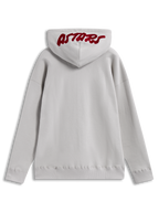 Alpinestars Pioneer Oversized Hoodie, fleece em areia com logótipo Astars vermelho bordado no capuz, vista traseira.