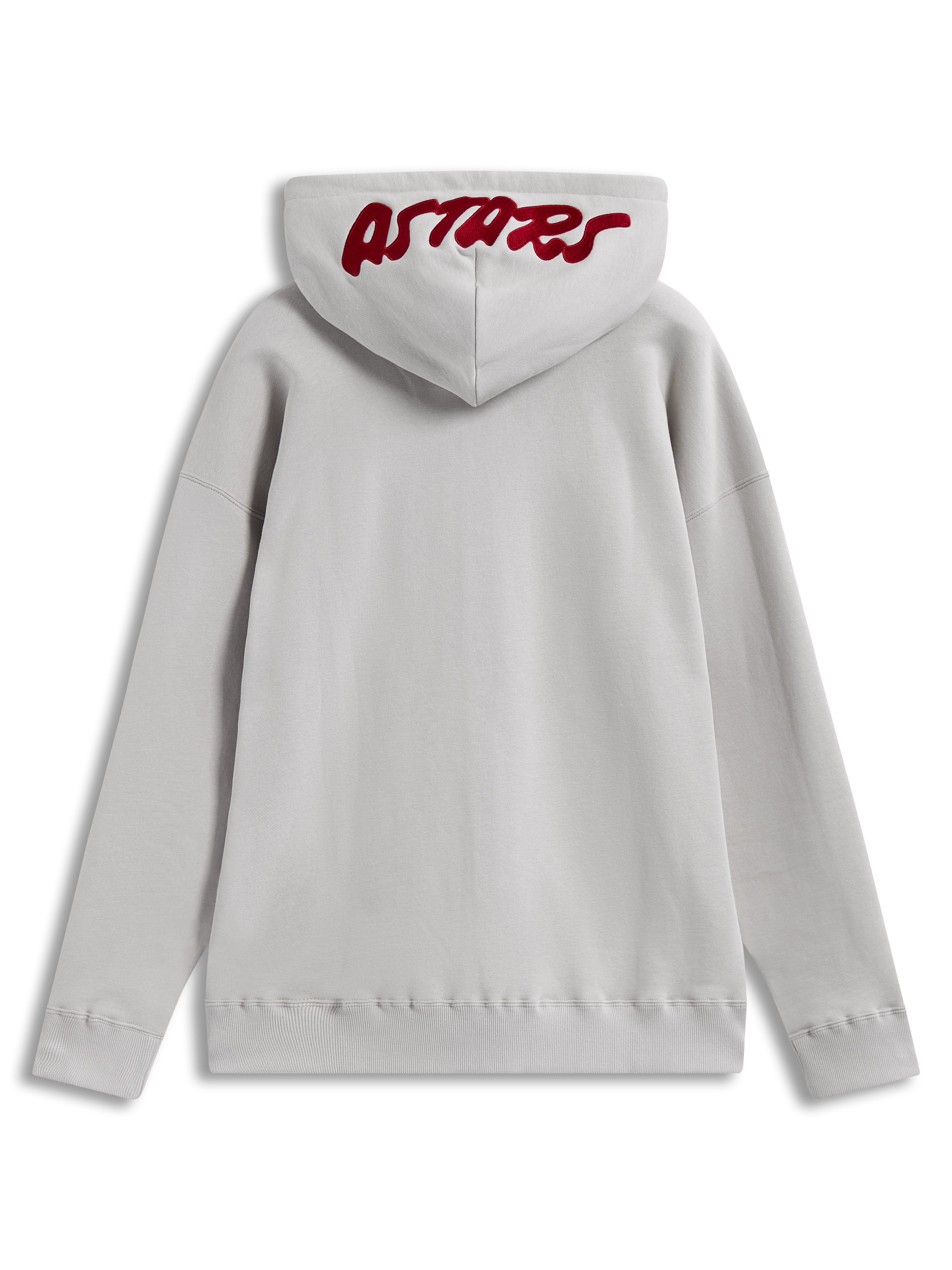 Alpinestars Pioneer Oversized Hoodie, fleece em areia com logótipo Astars vermelho bordado no capuz, vista traseira.