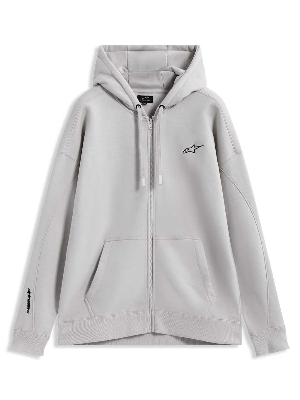 Alpinestars Entity Oversized Hoodie, hoodie de fleece areia com fecho, logótipos bordados e bolso canguru, sportswear casual.