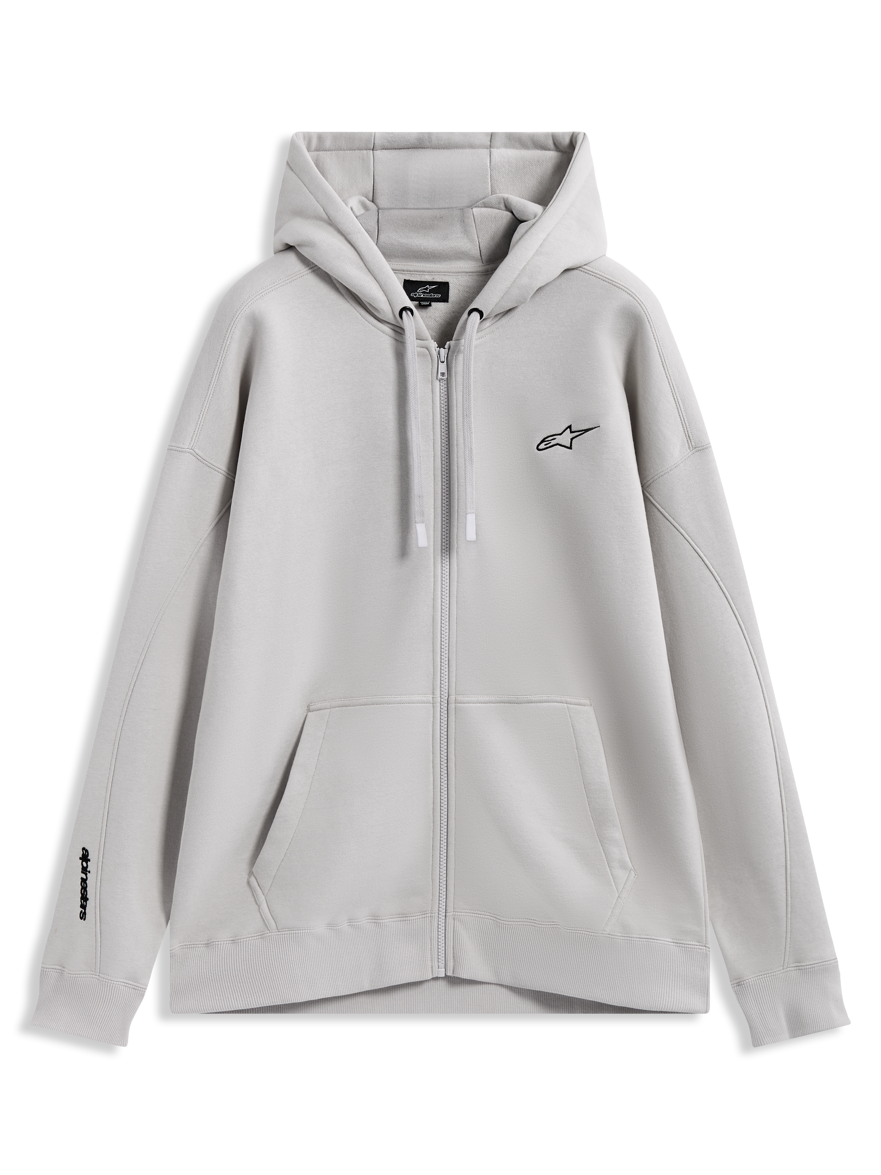 Alpinestars Entity Oversized Hoodie, hoodie de fleece areia com fecho, logótipos bordados e bolso canguru, sportswear casual.