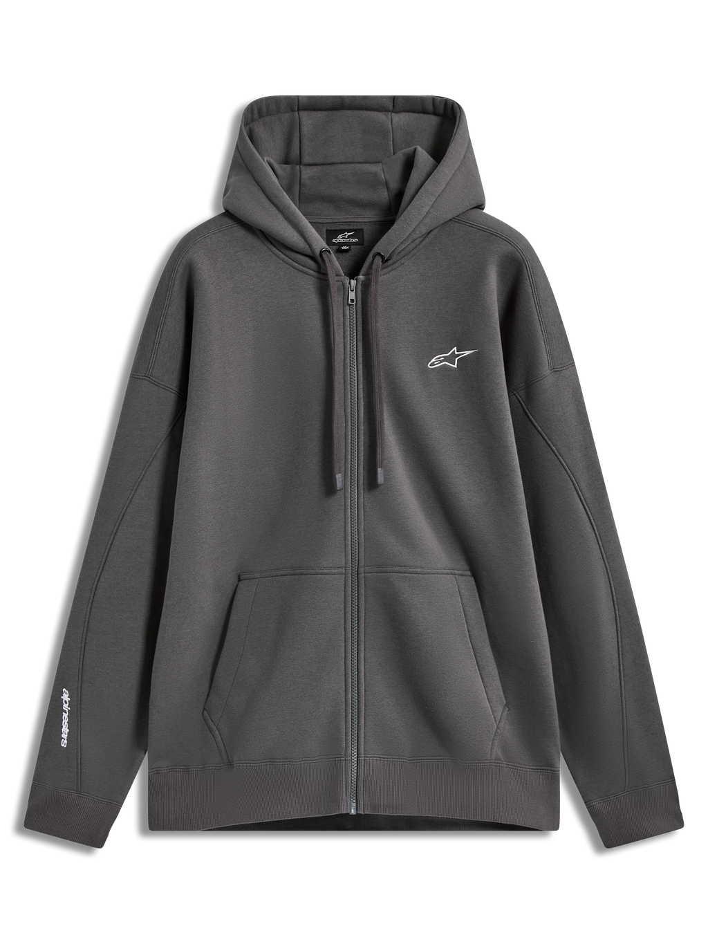 Alpinestars Entity Oversized Hoodie, casaco com capuz de fleece cinzento carvão, logótipo bordado branco e bolso canguru.