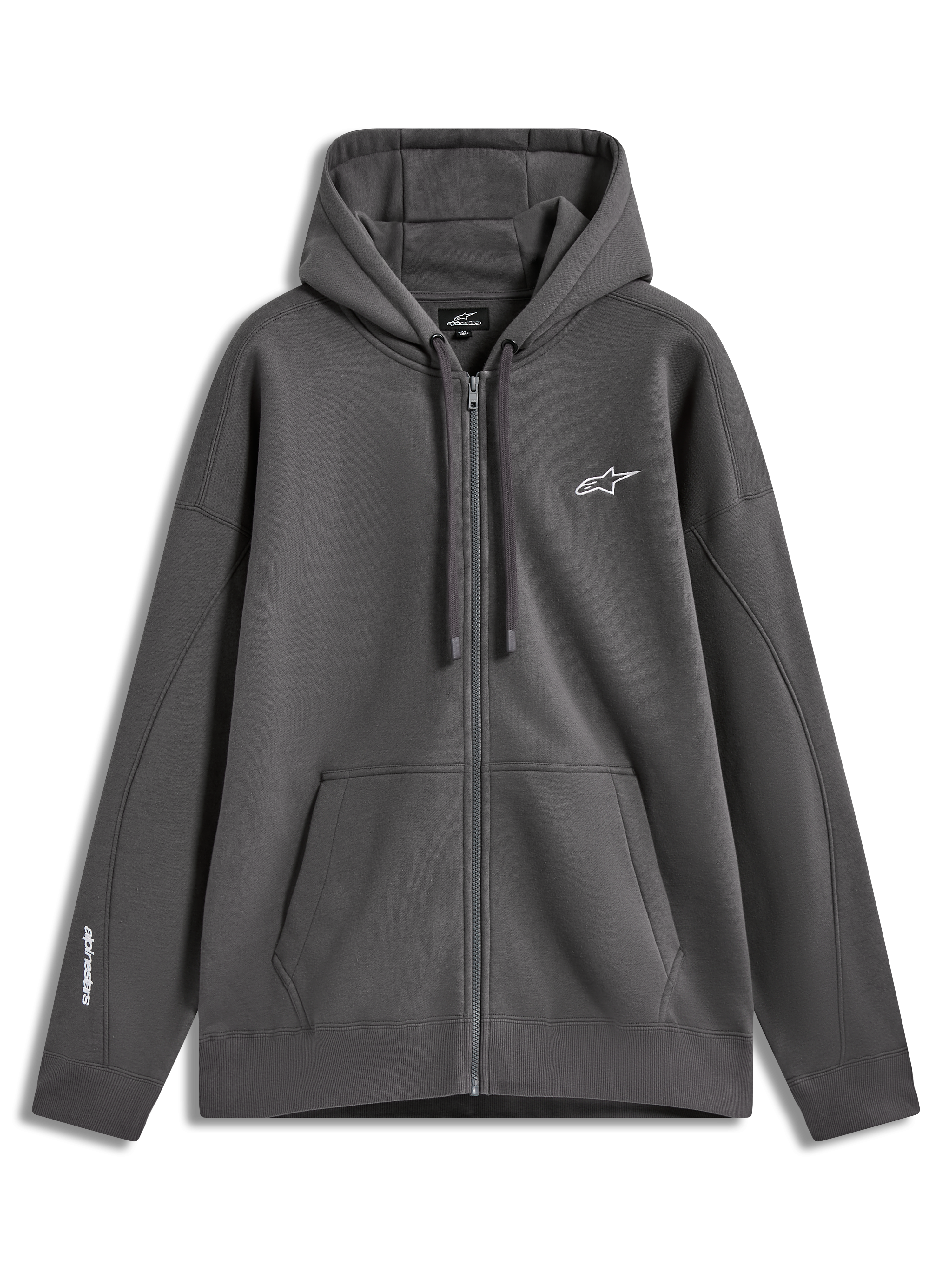Alpinestars Entity Oversized Hoodie, casaco com capuz de fleece cinzento carvão, logótipo bordado branco e bolso canguru.