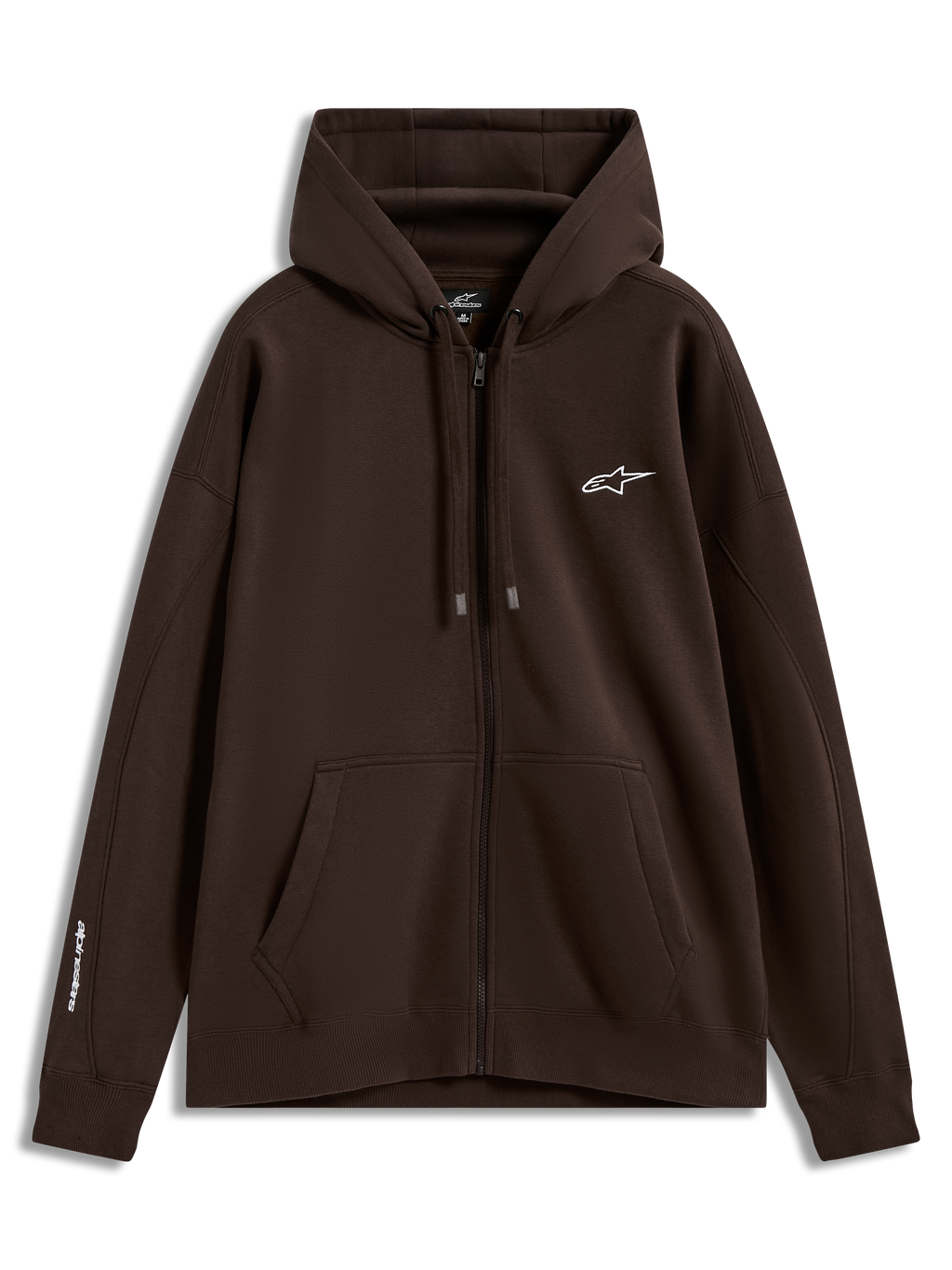 Alpinestars Entity Oversized Hoodie, casaco com capuz castanho em fleece, fecho de correr, logótipos brancos e bolso canguru.
