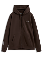 Alpinestars Entity Oversized Hoodie, casaco com capuz castanho em fleece, fecho de correr, logótipos brancos e bolso canguru.