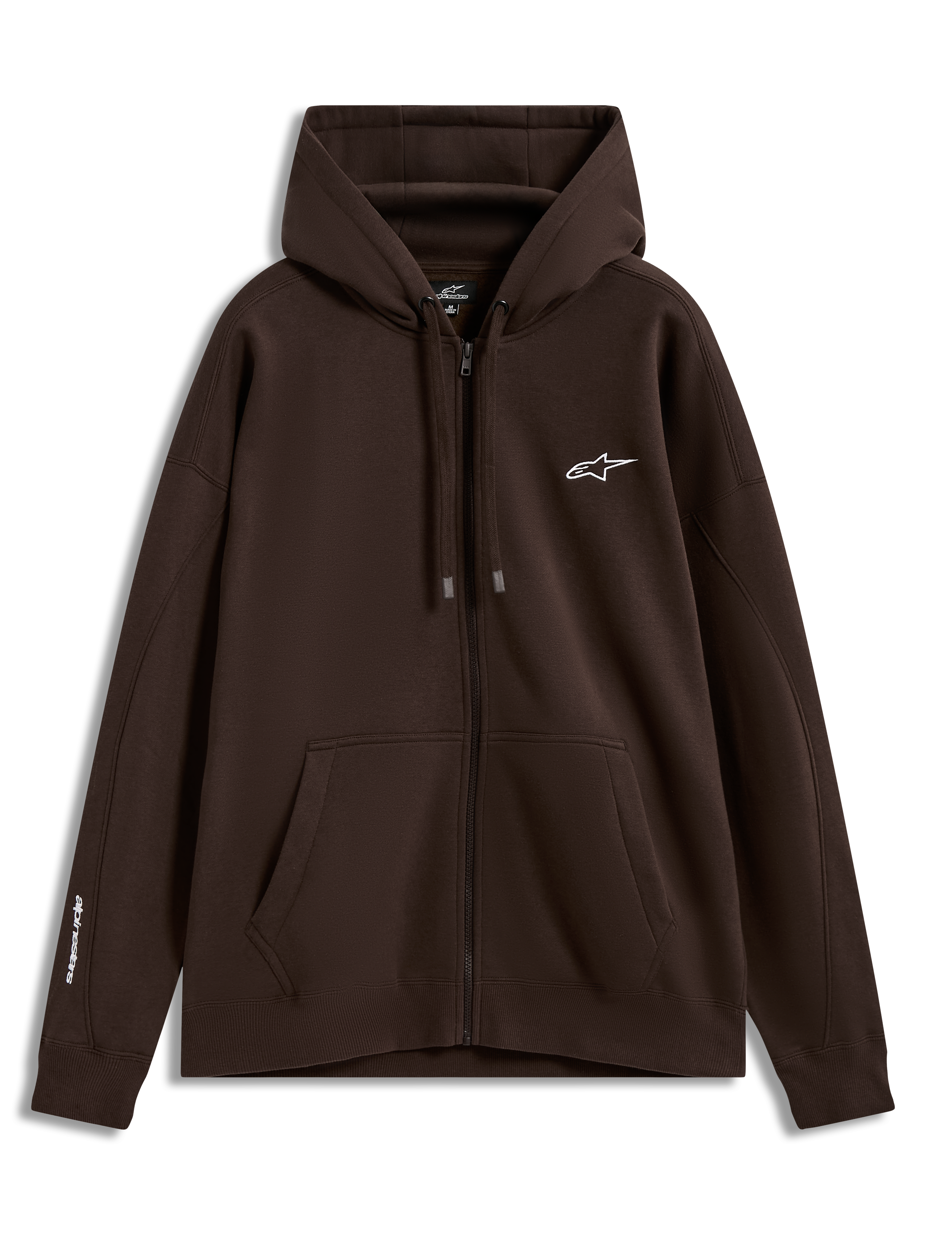 Alpinestars Entity Oversized Hoodie, casaco com capuz castanho em fleece, fecho de correr, logótipos brancos e bolso canguru.