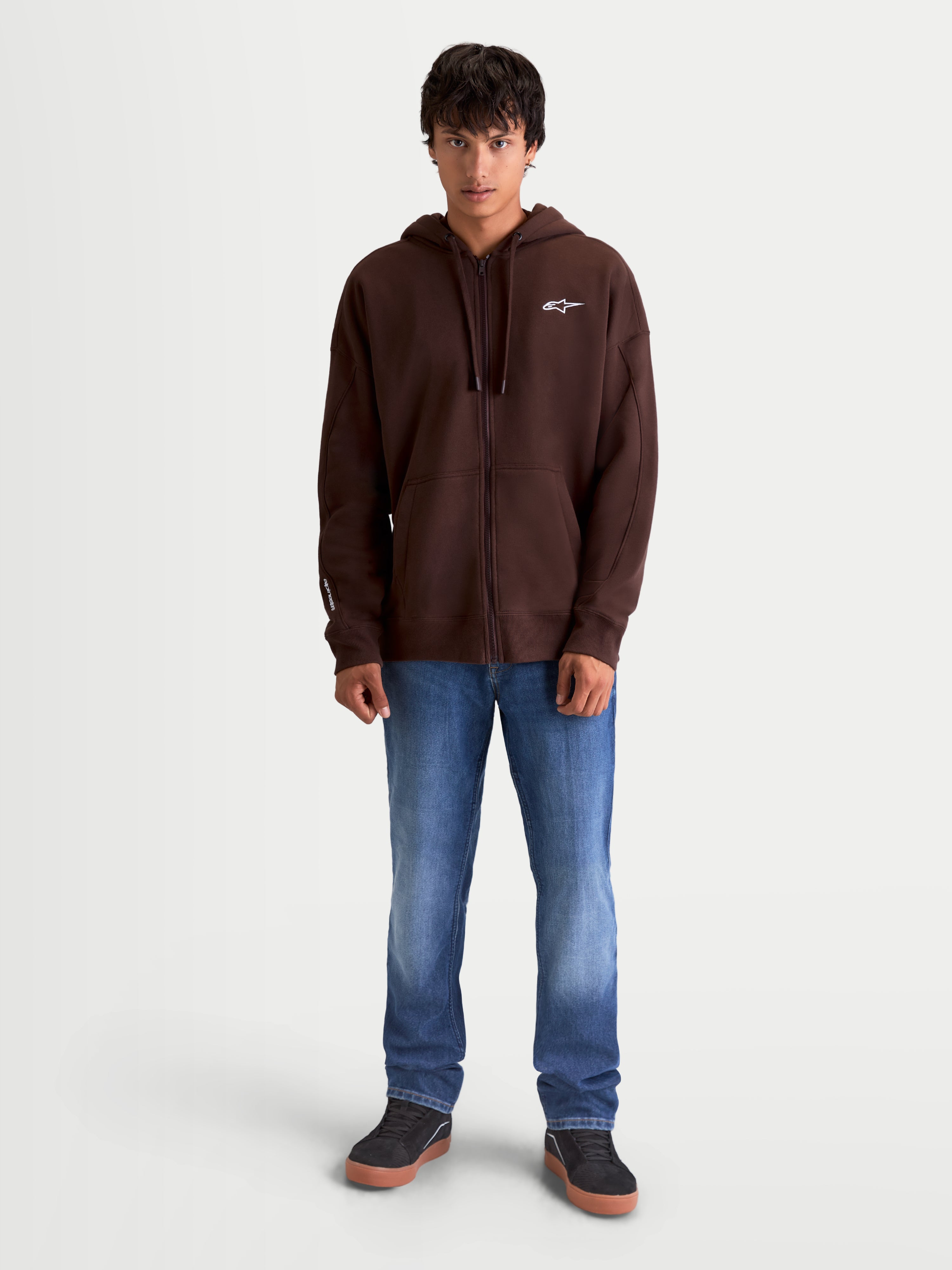 Alpinestars Entity Oversized Hoodie, Brown Sportswear Zip-Up Fleece, relaxed fit with Vislon front zipper, kangaroo pocket, and Astars logo embroidery, made from a premium cotton and recycled polyester blend.