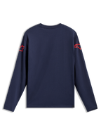 Alpinestars Velocifier CSF Tee, t-shirt azul-marinho de mangas compridas, vista traseira com logótipos vermelhos nos ombros.