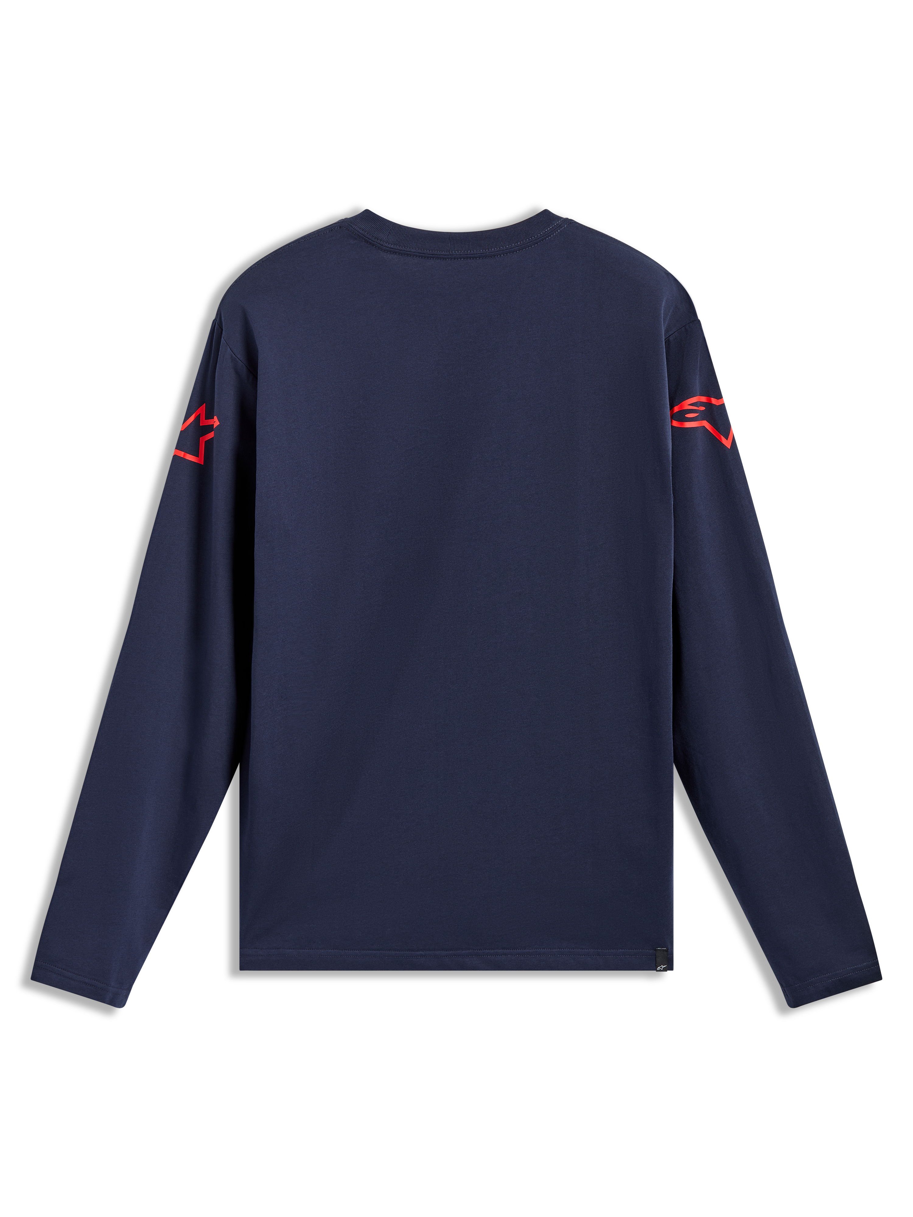 Alpinestars Velocifier CSF Tee, t-shirt azul-marinho de mangas compridas, vista traseira com logótipos vermelhos nos ombros.