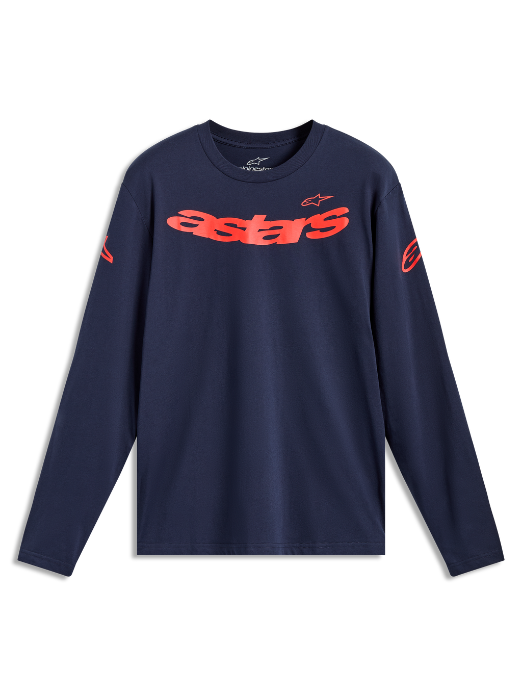 Alpinestars Velocifier CSF Tee, t-shirt de manga comprida azul-marinho e vermelha, com logótipo Astars curvo no peito.