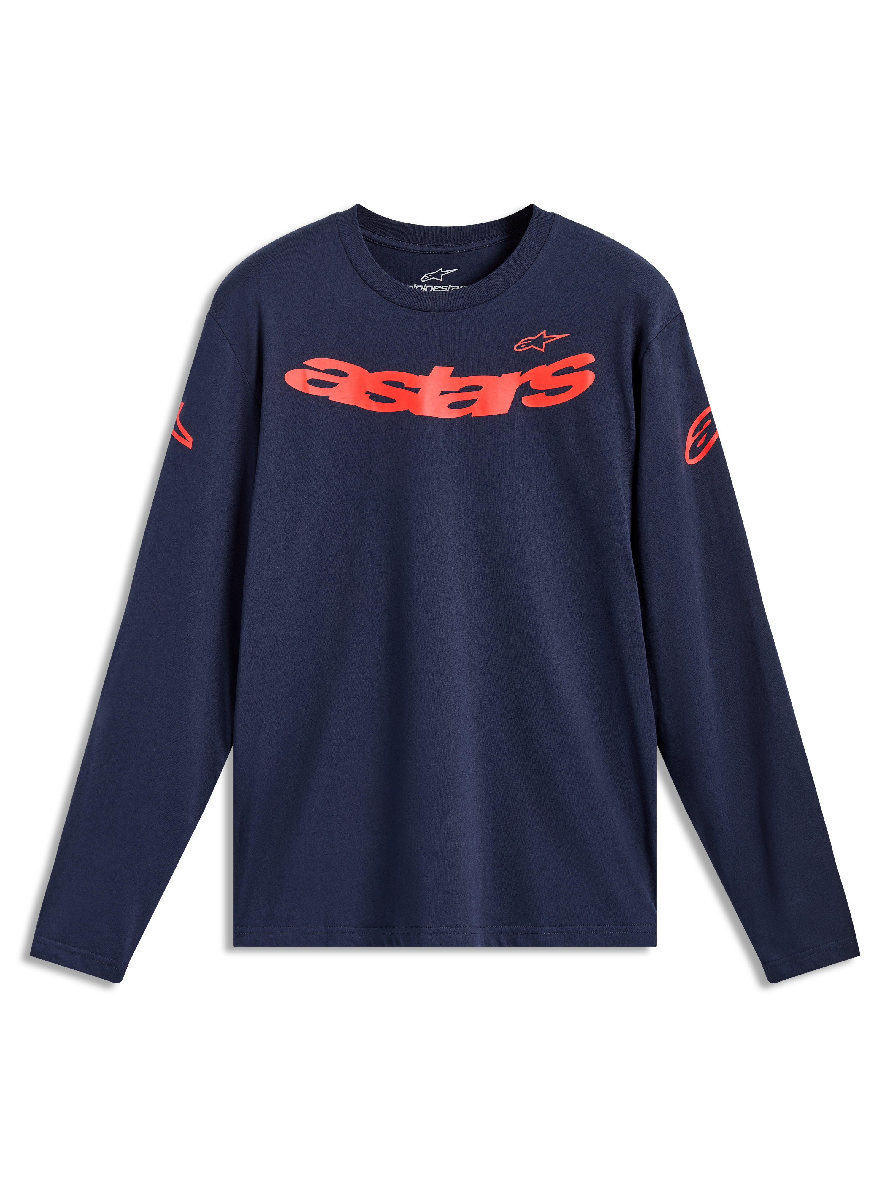 Alpinestars Velocifier CSF Tee, t-shirt de manga comprida azul-marinho e vermelha, com logótipo Astars curvo no peito.