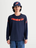 Alpinestars Velocifier CSF, t-shirt de manga comprida para homem, azul-marinho e laranja, com gráfico frontal Astars curvo, logótipos nos ombros e punhos canelados, sportswear casual inspirado no motorsport.