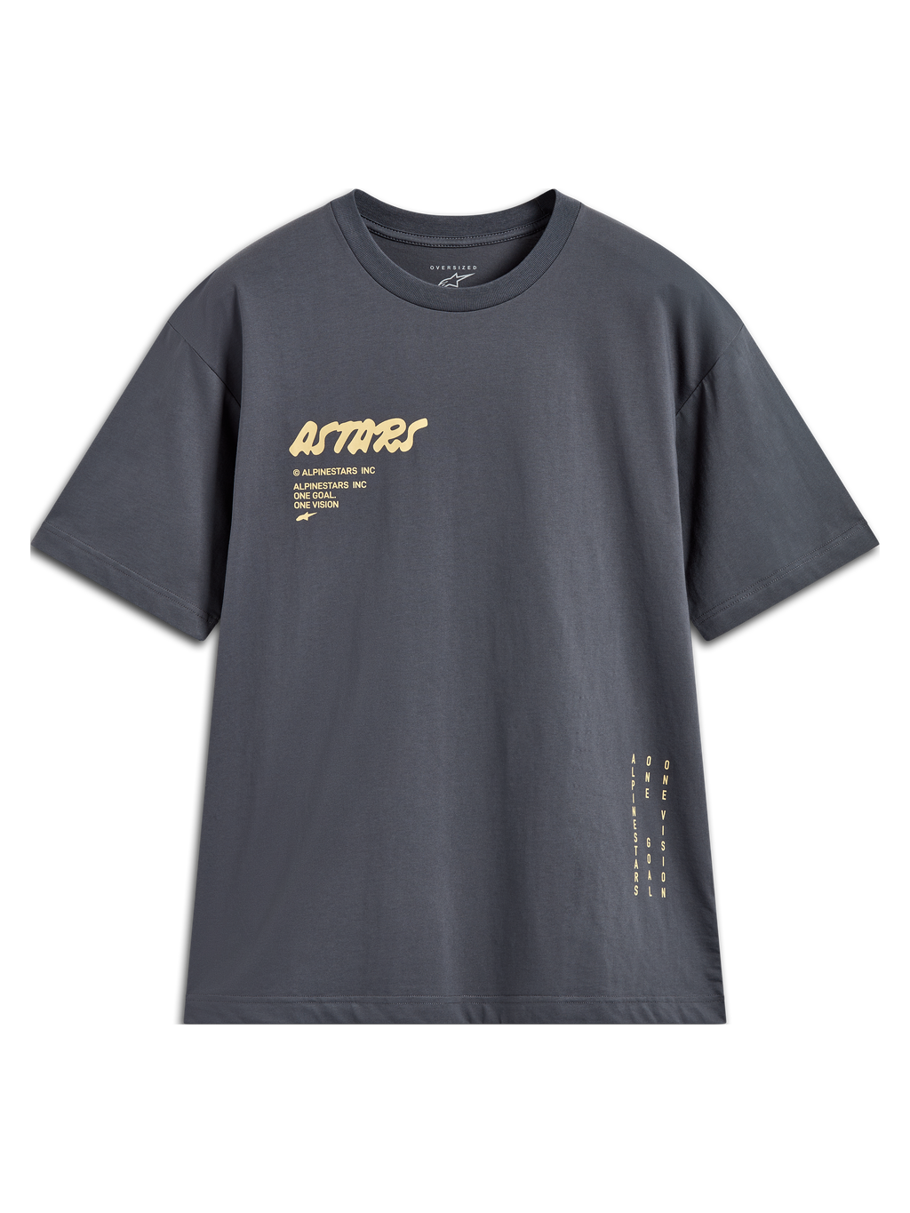 Alpinestars Chalk Oversized CSF Tee, t-shirt de manga curta cinzenta com logótipo Astars e branding lateral vertical.