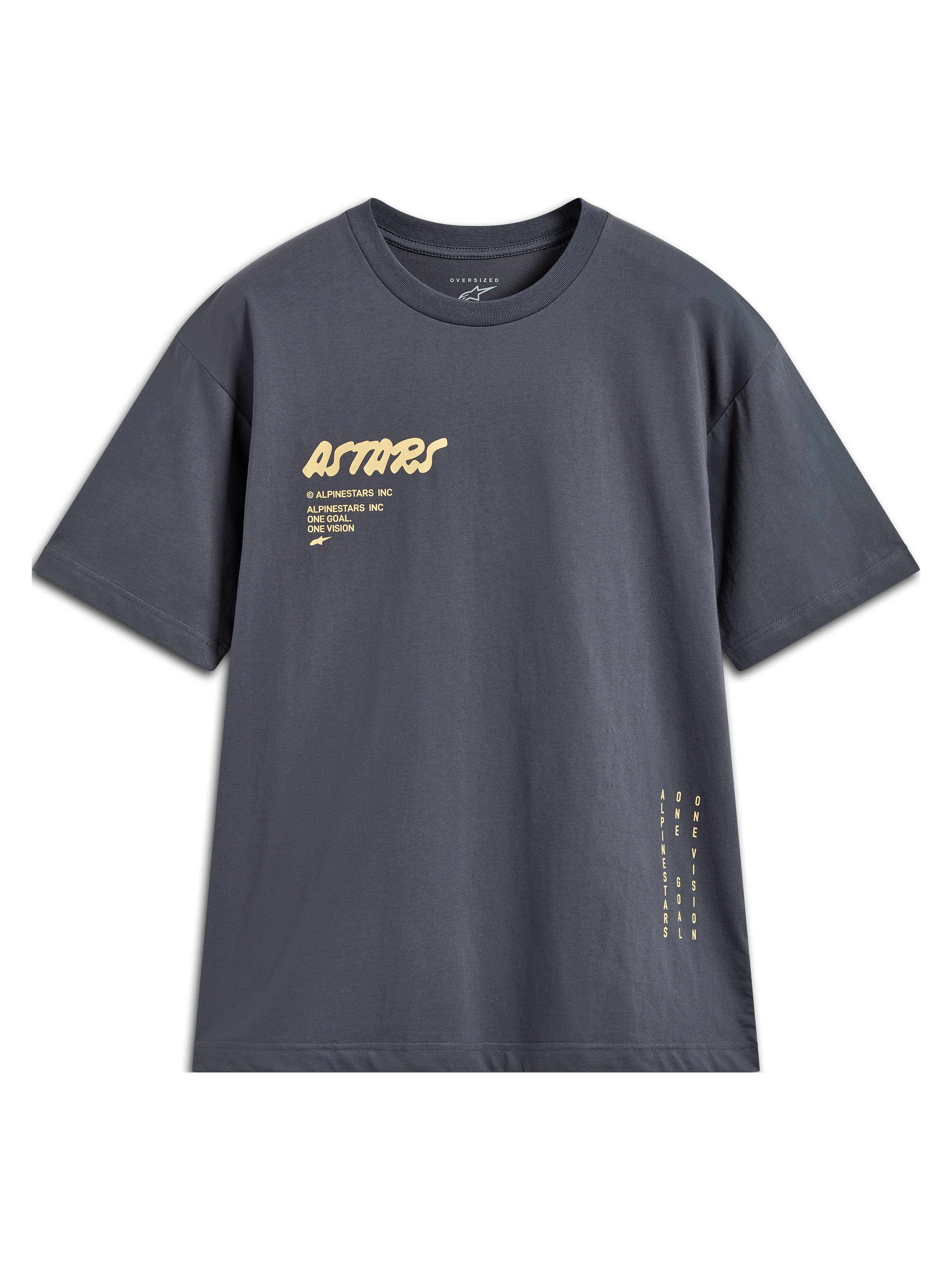 Alpinestars Chalk Oversized CSF Tee, t-shirt de manga curta cinzenta com logótipo Astars e branding lateral vertical.