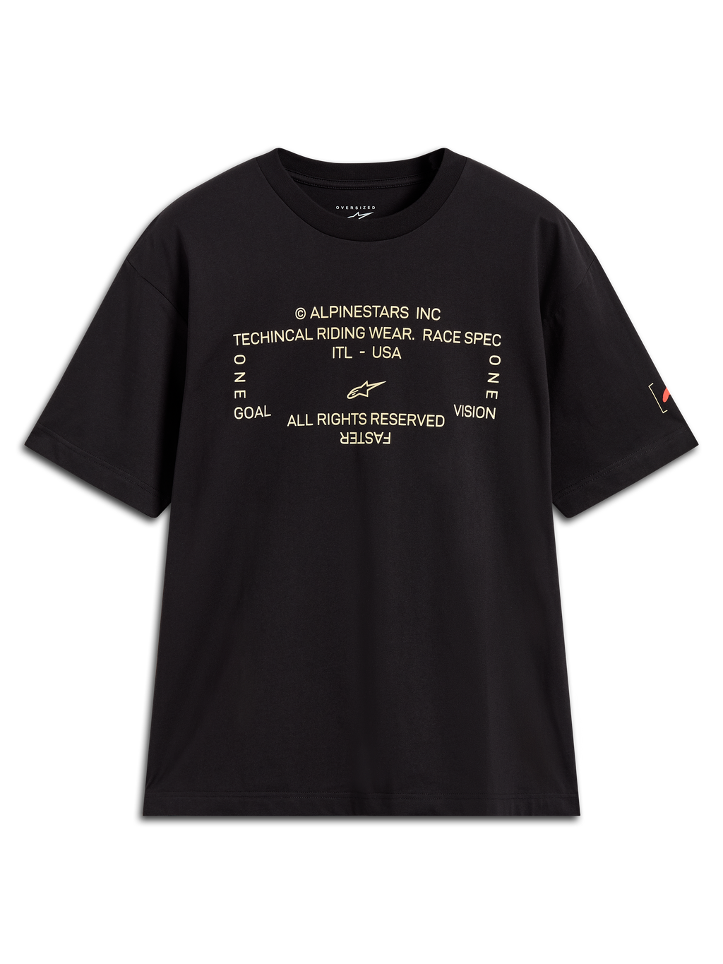 Alpinestars Infinity Oversized CSF Tee, t-shirt de manga curta preta, gráfico frontal técnico com texto "One Goal One Vision", logótipo Astars na manga, corte oversized e estilo sportswear casual.