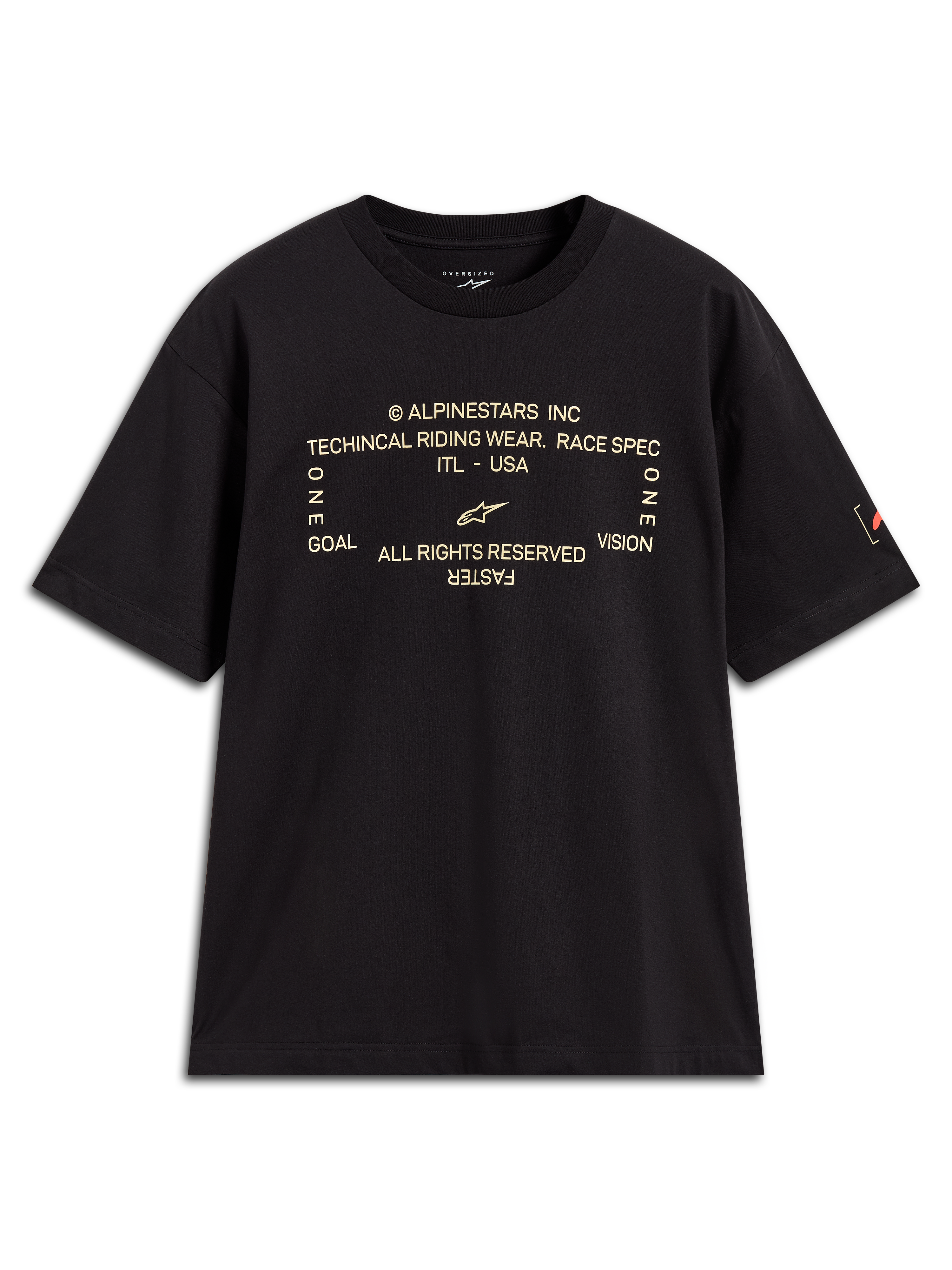 Alpinestars Infinity Oversized CSF Tee, t-shirt de manga curta preta, gráfico frontal técnico com texto "One Goal One Vision", logótipo Astars na manga, corte oversized e estilo sportswear casual.