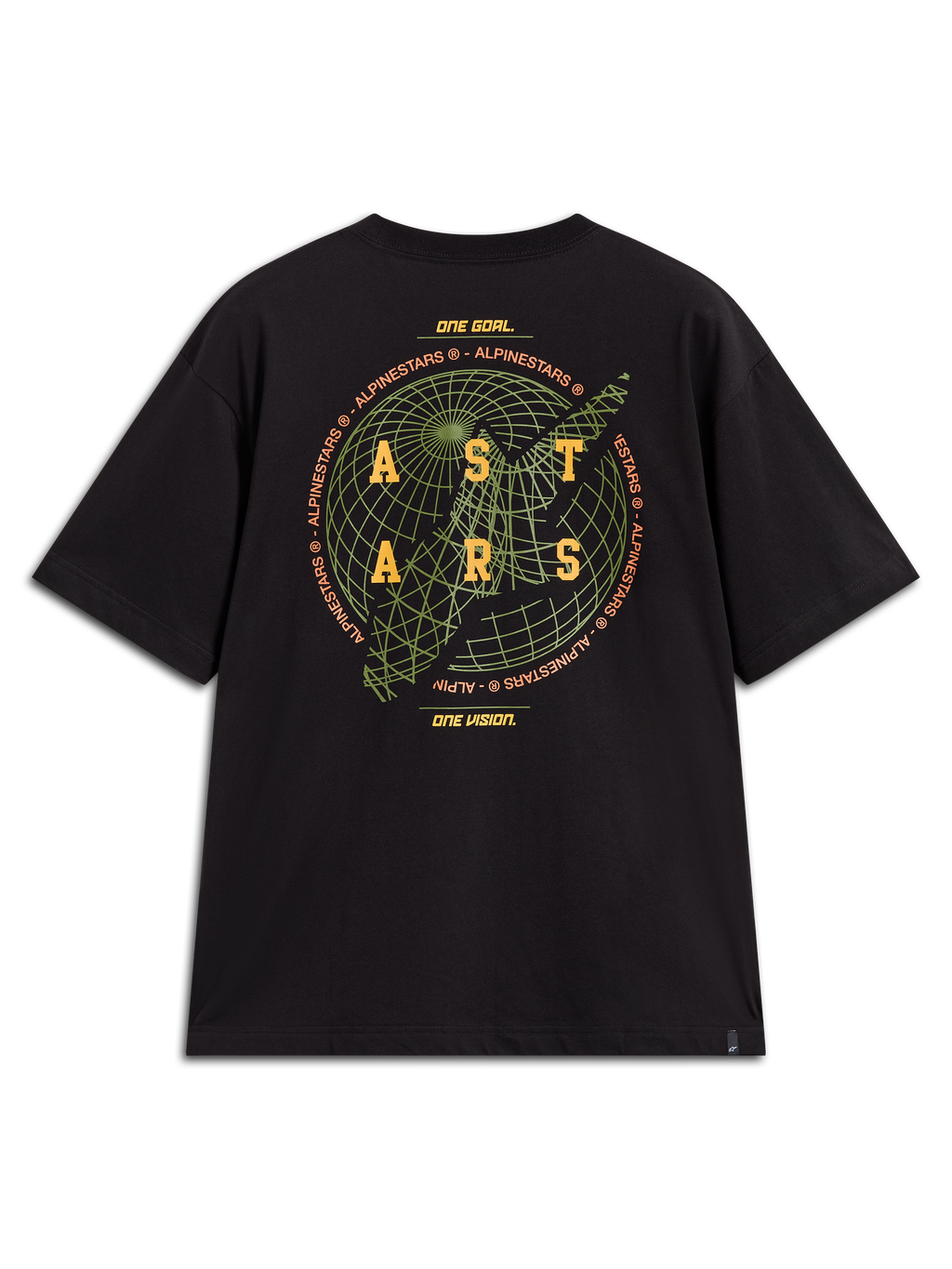 Alpinestars Latitude Oversized CSF Tee, t-shirt de manga curta casual, preta, gráfico de globo verde e logótipo ASTARS amarelo nas costas com lema da marca