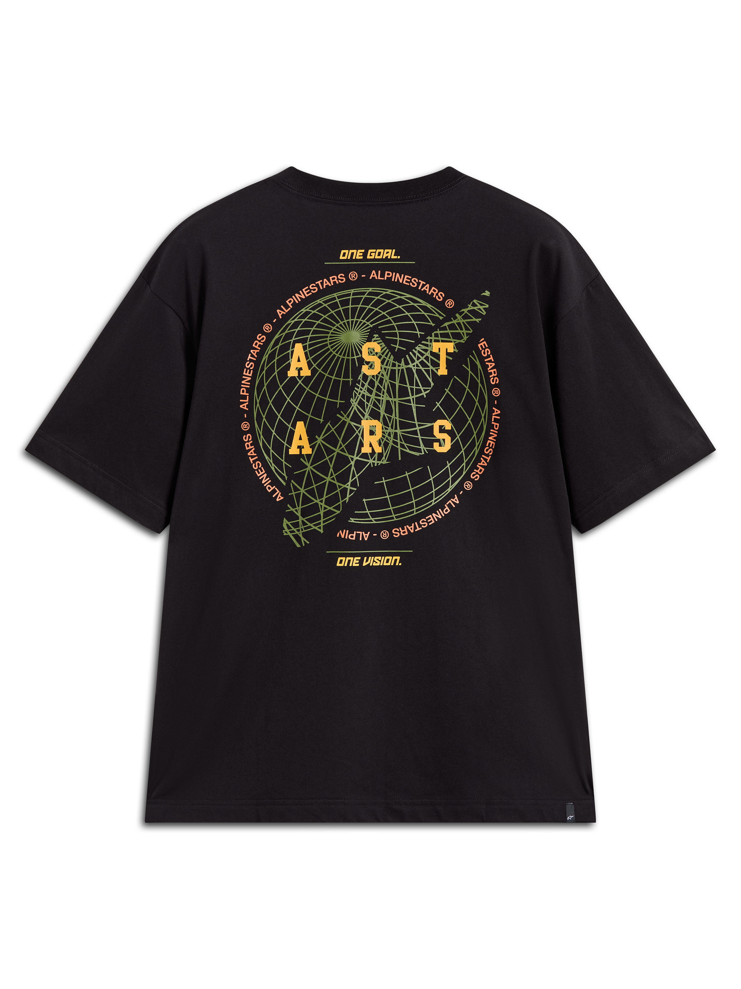 Alpinestars Latitude Oversized CSF Tee, t-shirt de manga curta casual, preta, gráfico de globo verde e logótipo ASTARS amarelo nas costas com lema da marca
