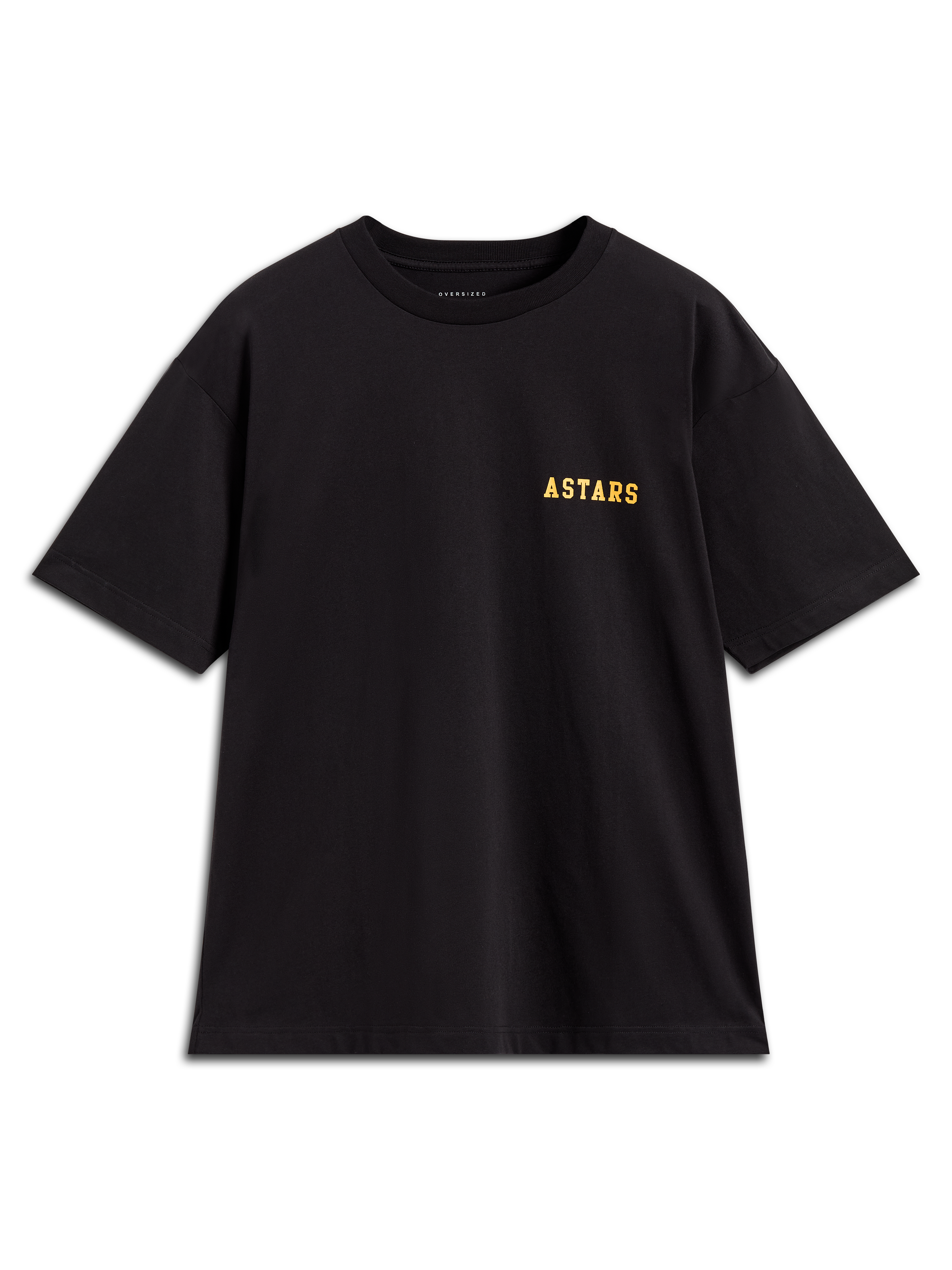 Alpinestars Latitude Oversized CSF Tee, t-shirt de manga curta preta com logótipo Astars amarelo no peito, sportswear casual
