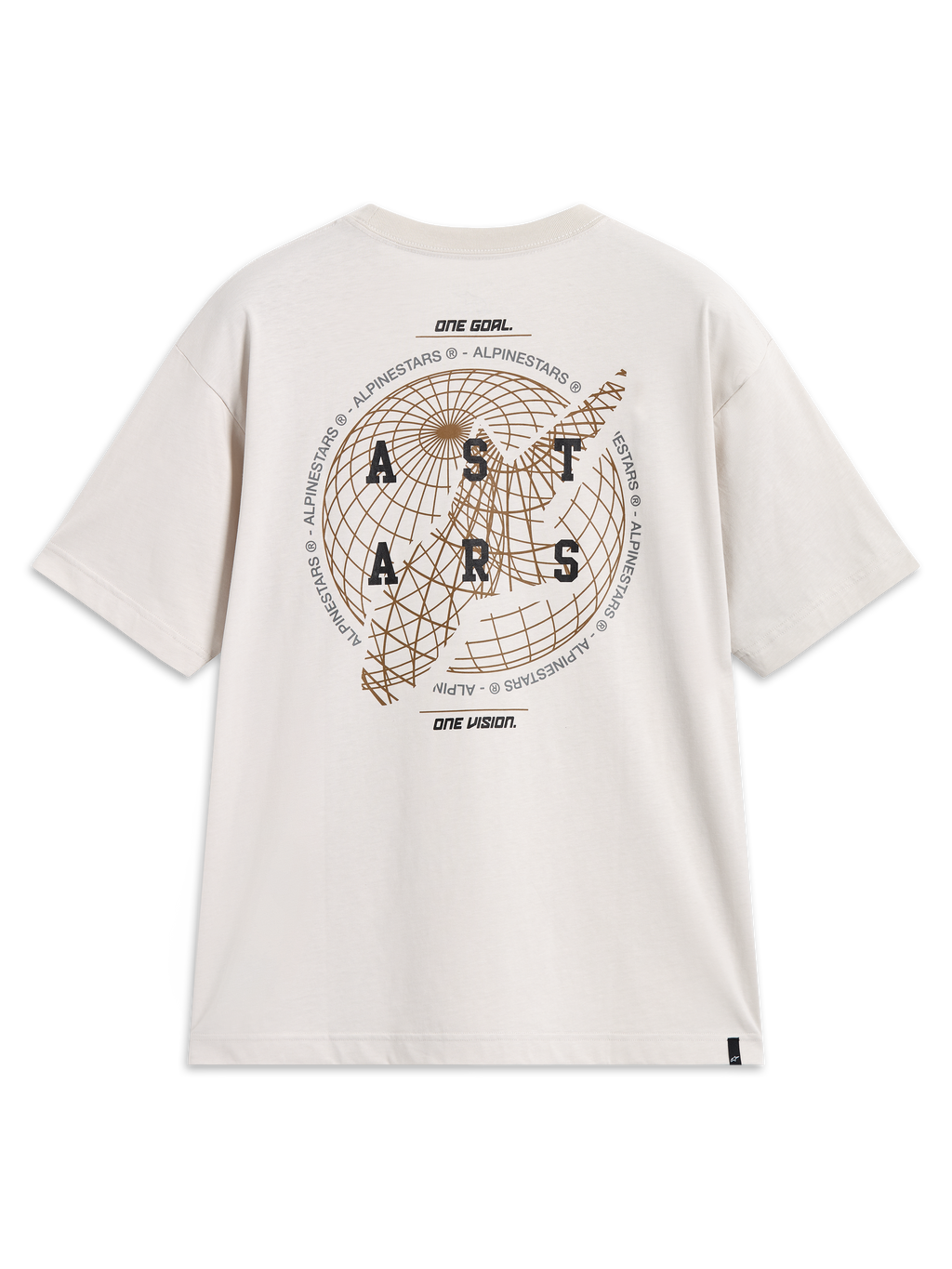 Alpinestars Latitude Oversized CSF Tee, t-shirt de manga curta bege, gráfico de globo e logótipo Astars nas costas.