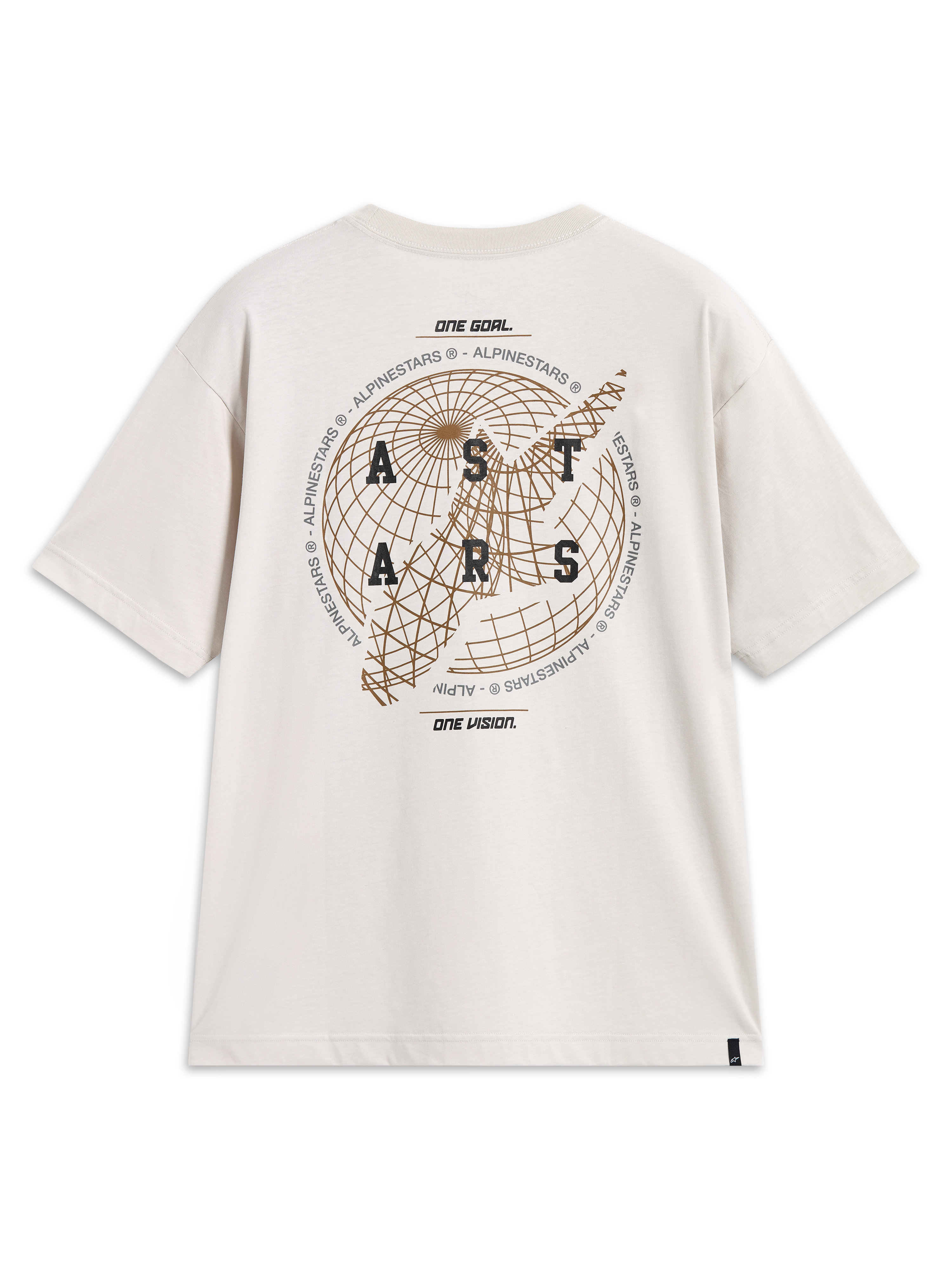 Alpinestars Latitude Oversized CSF Tee, t-shirt de manga curta bege, gráfico de globo e logótipo Astars nas costas.
