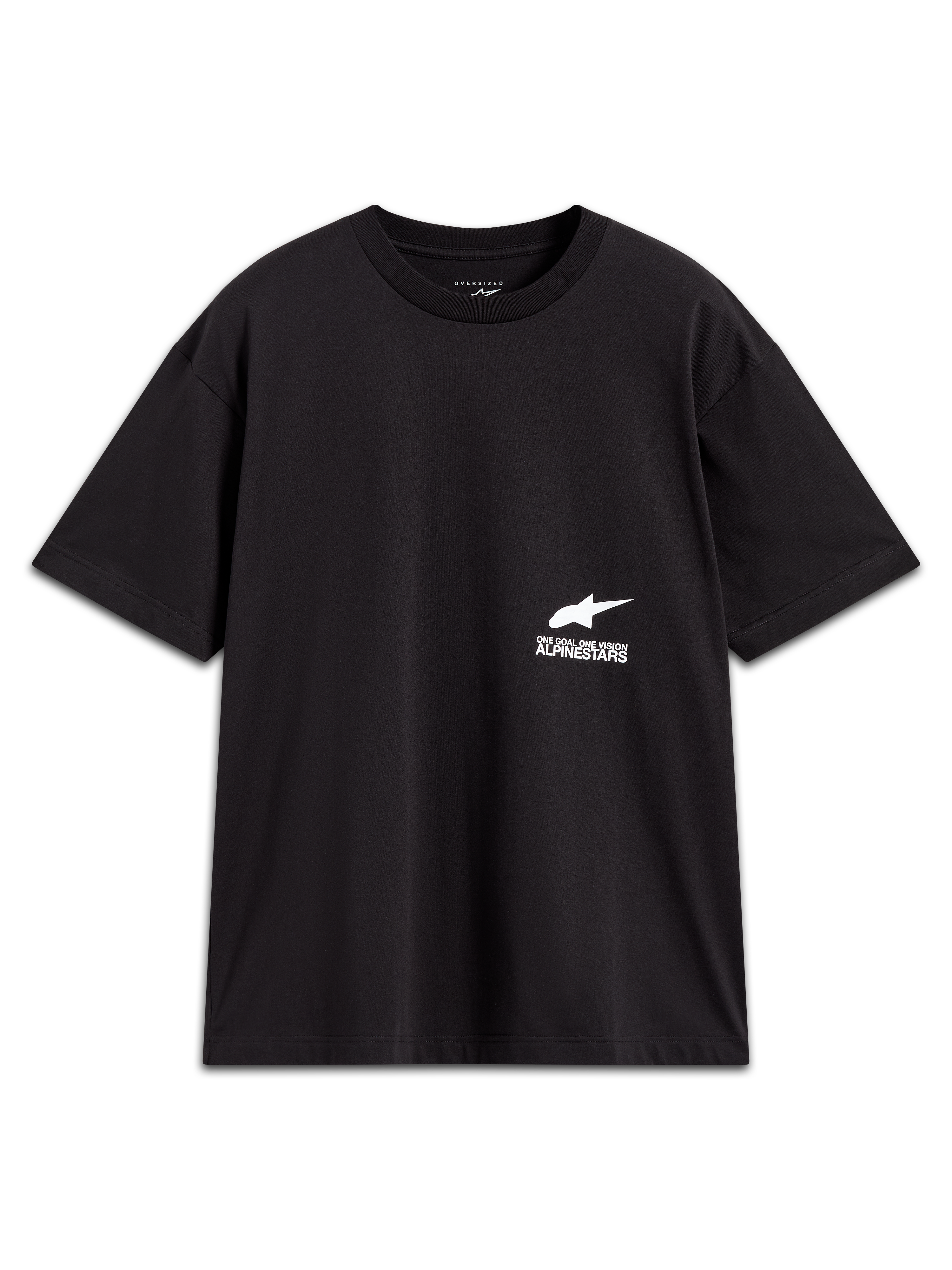 Alpinestars Institute Oversized CSF Tee, t-shirt de manga curta preta, logótipo e slogan brancos, estilo sportswear